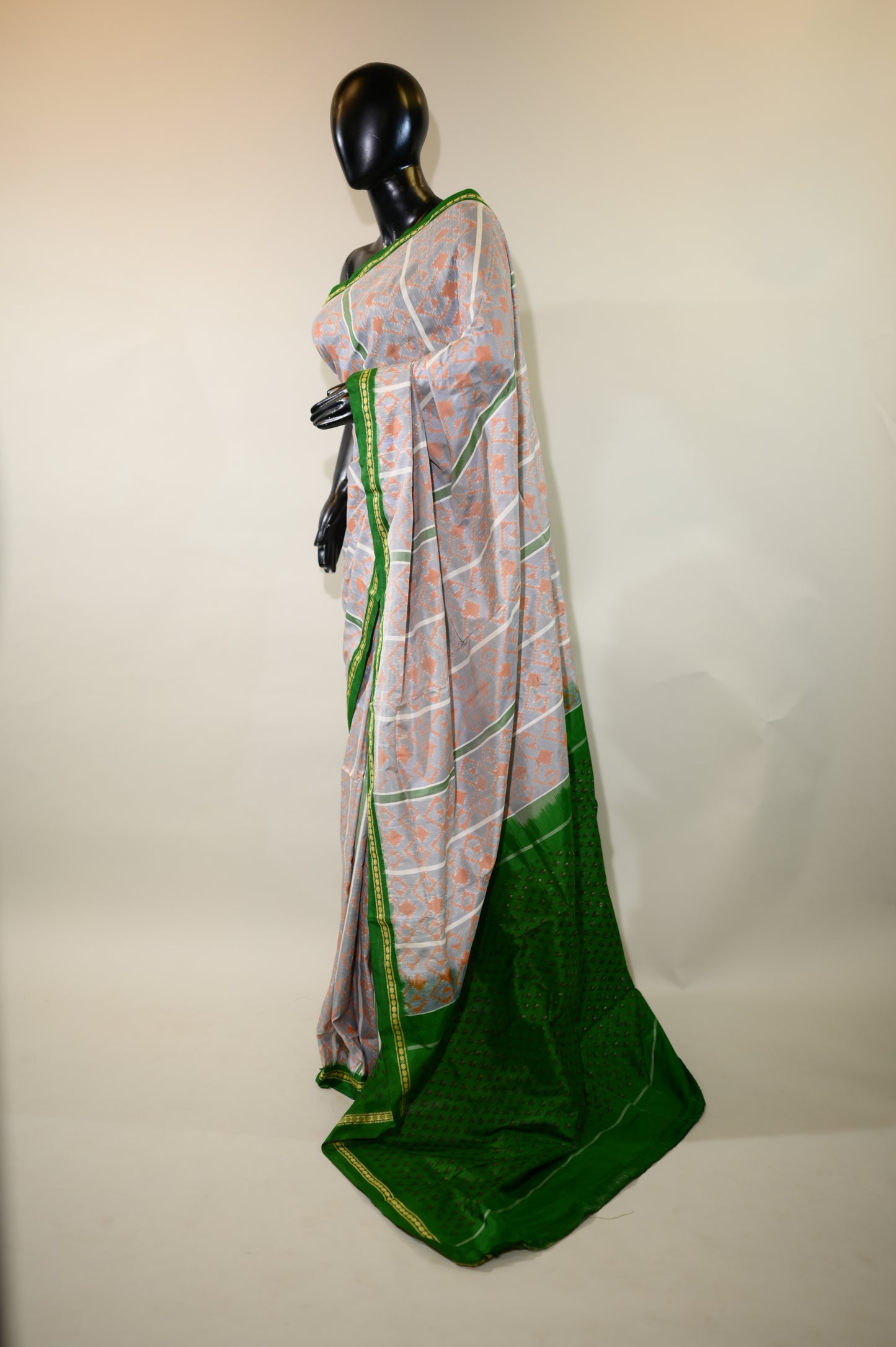 Grey & Green Mulberry Silk Pochampally Ikat Saree