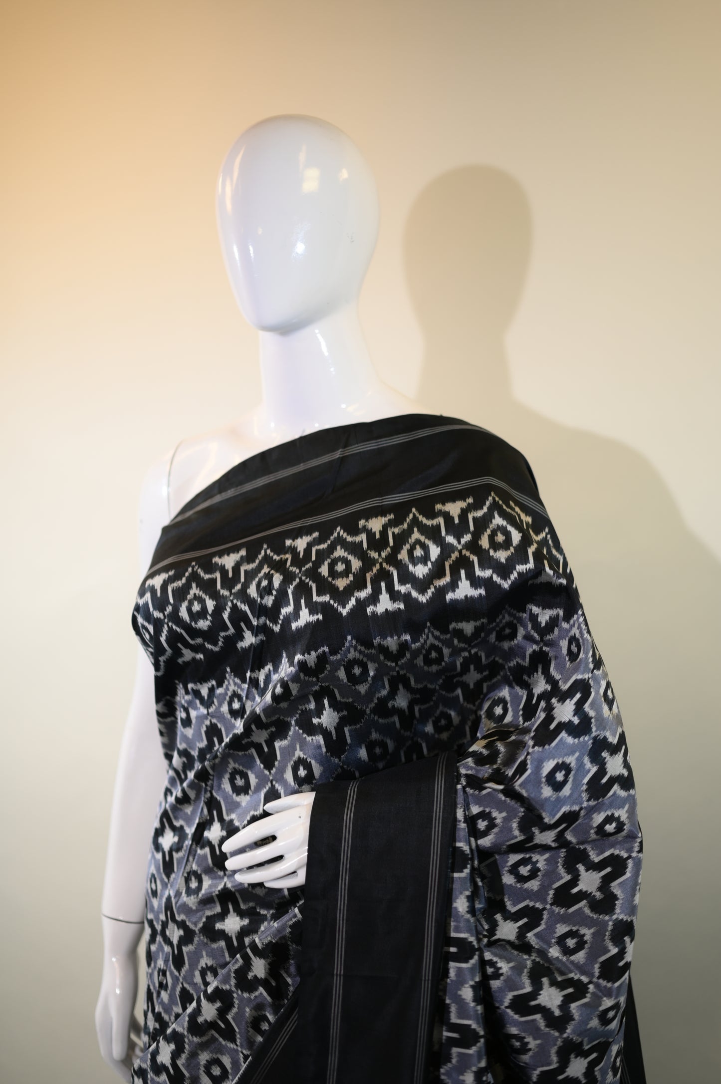 Grey & Navy Blue Mulberry Silk  Pochampally  Ikat Saree