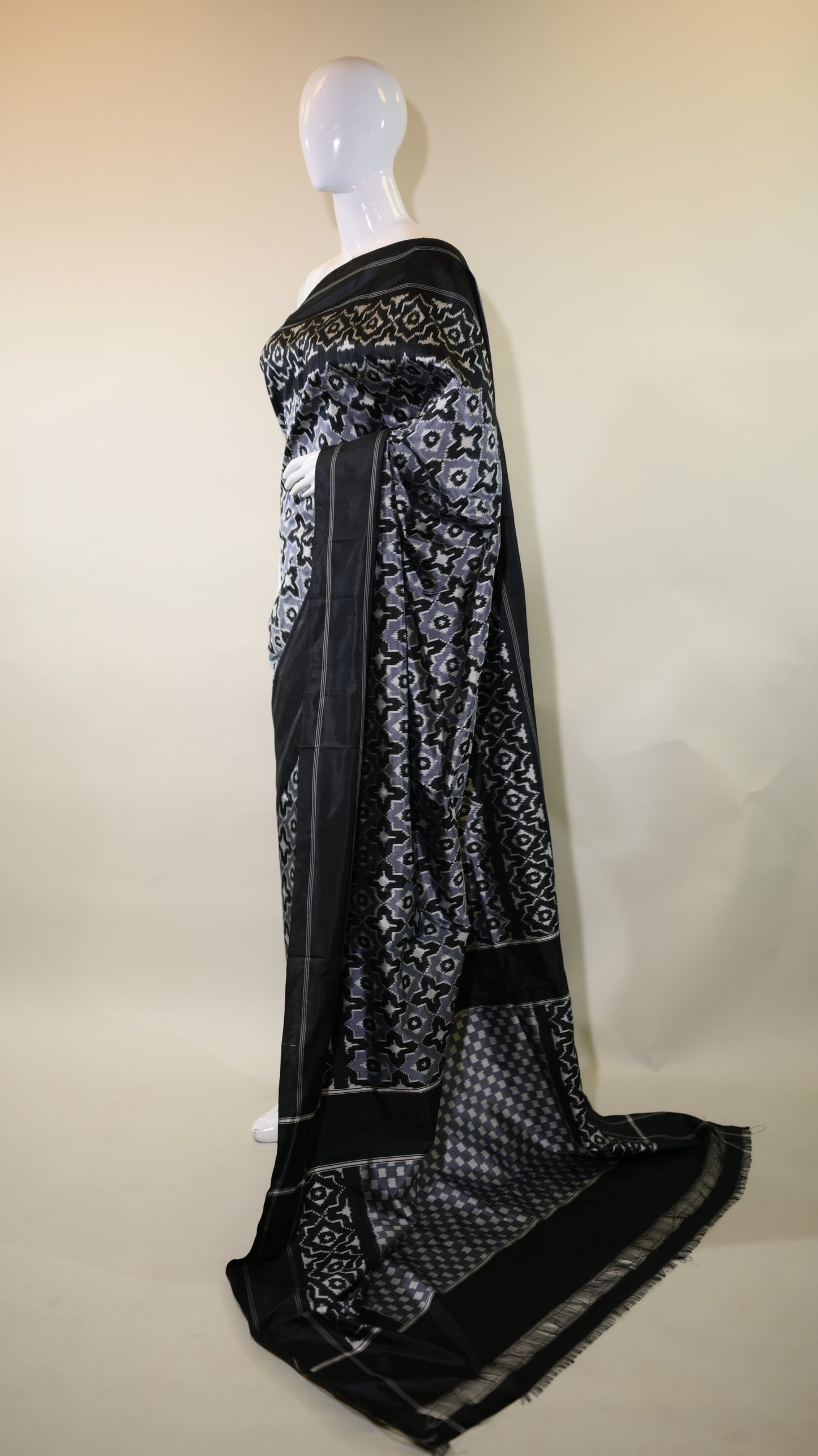 Grey & Navy Blue Mulberry Silk  Pochampally  Ikat Saree