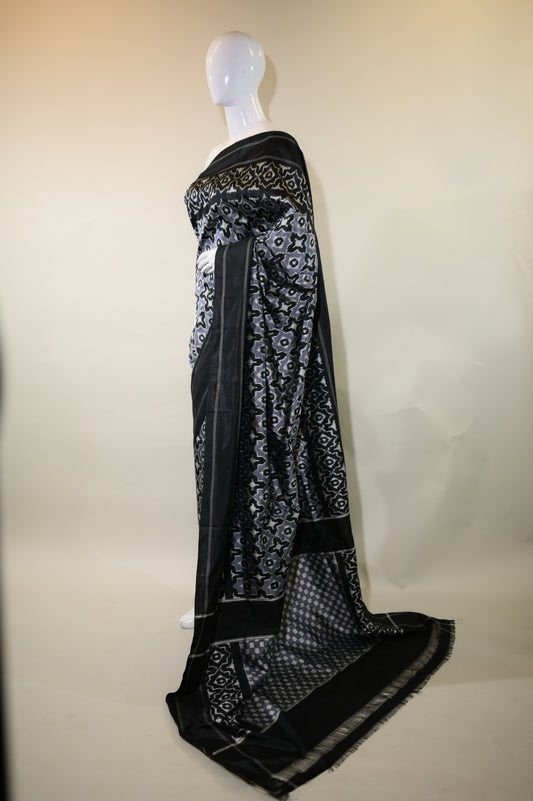 Grey & Navy Blue Mulberry Silk  Pochampally  Ikat Saree