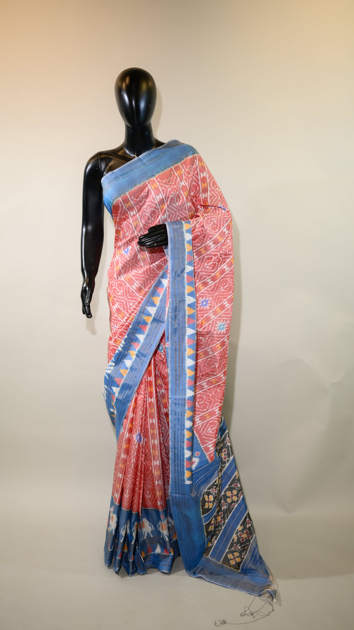 Brick Red & Light Blue  Mulberry Silk Pochampally Ikat Saree