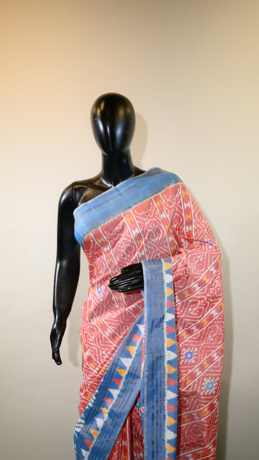 Brick Red & Light Blue  Mulberry Silk Pochampally Ikat Saree