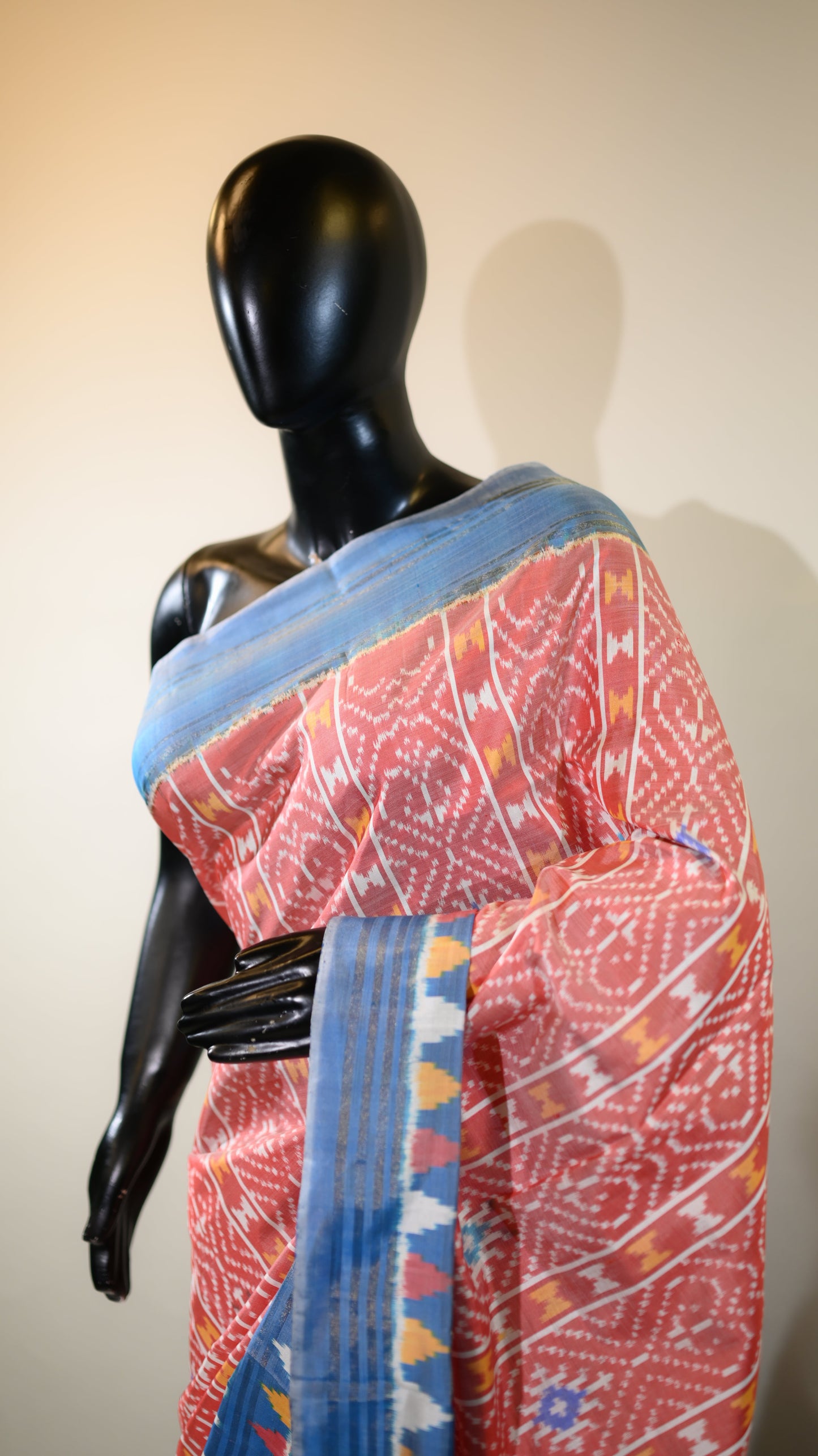 Brick Red & Light Blue  Mulberry Silk Pochampally Ikat Saree