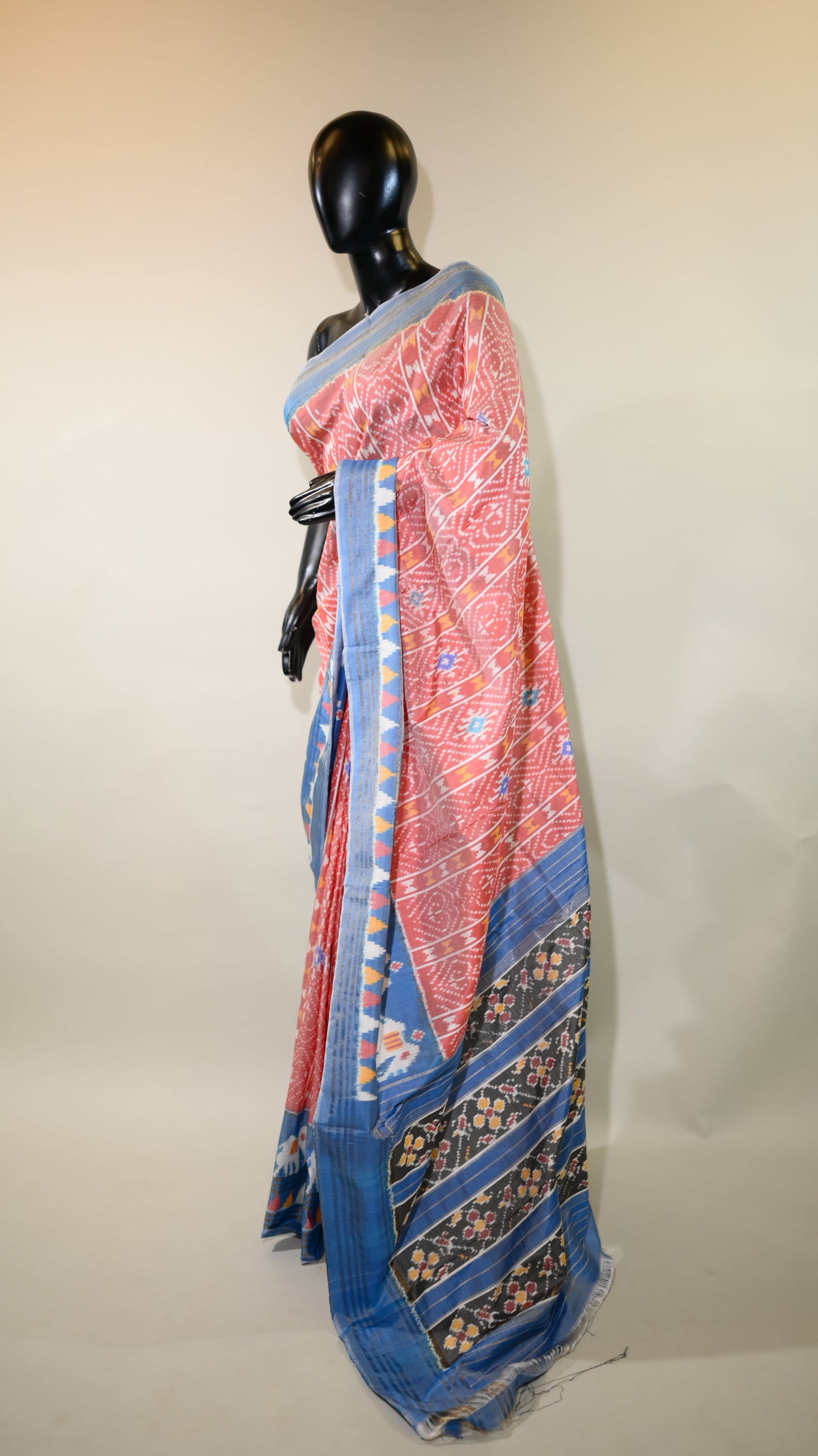 Brick Red & Light Blue  Mulberry Silk Pochampally Ikat Saree