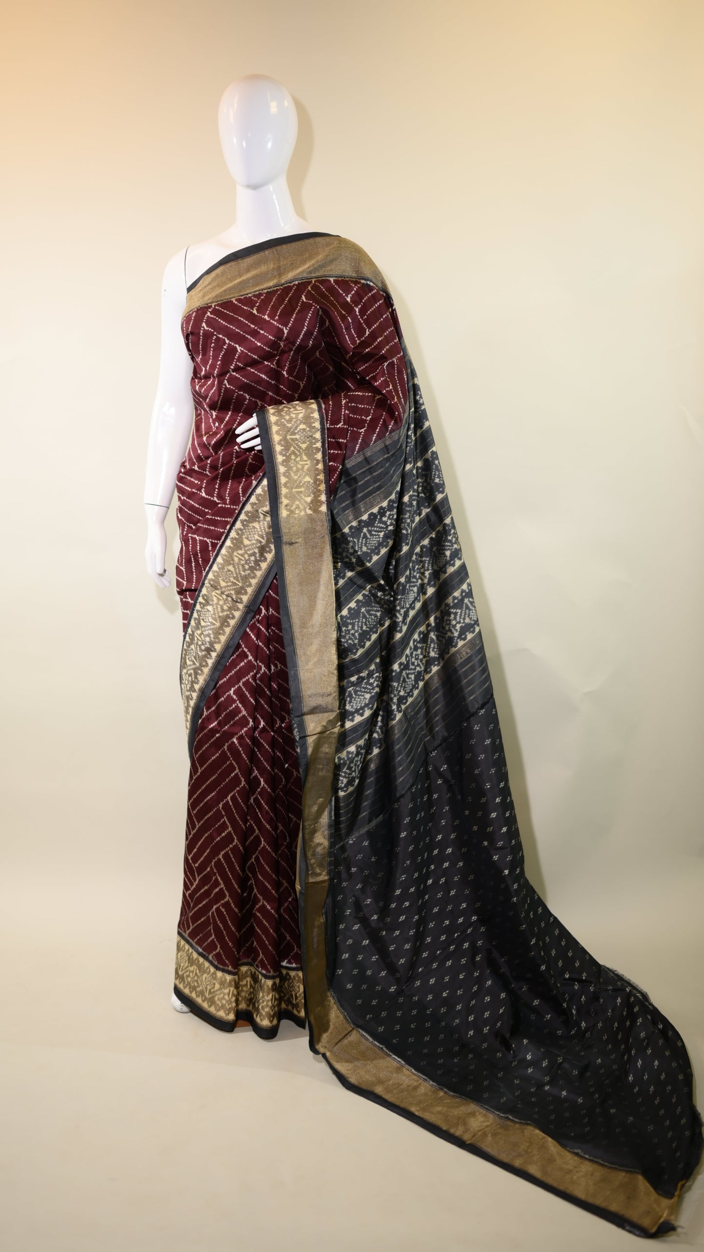 Dark Burgundy & Dark Grey Mulberry Silk Pochampally Ikat
