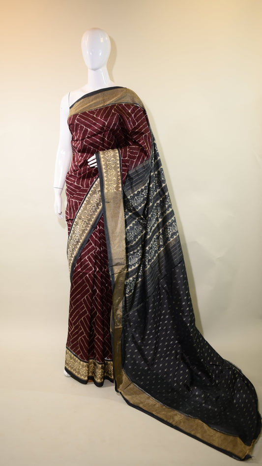 Dark Burgundy & Dark Grey Mulberry Silk Pochampally Ikat