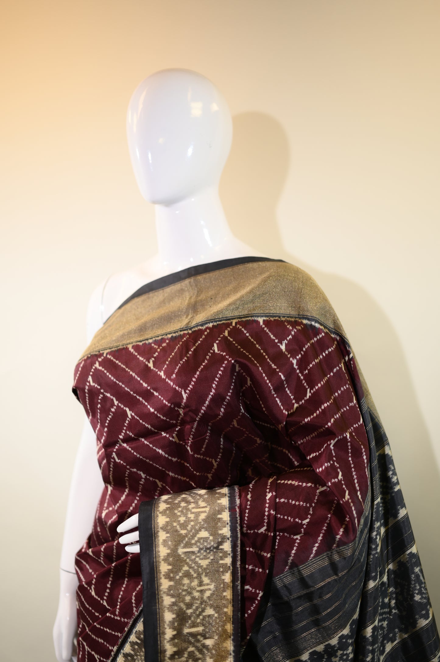 Dark Burgundy & Dark Grey Mulberry Silk Pochampally Ikat