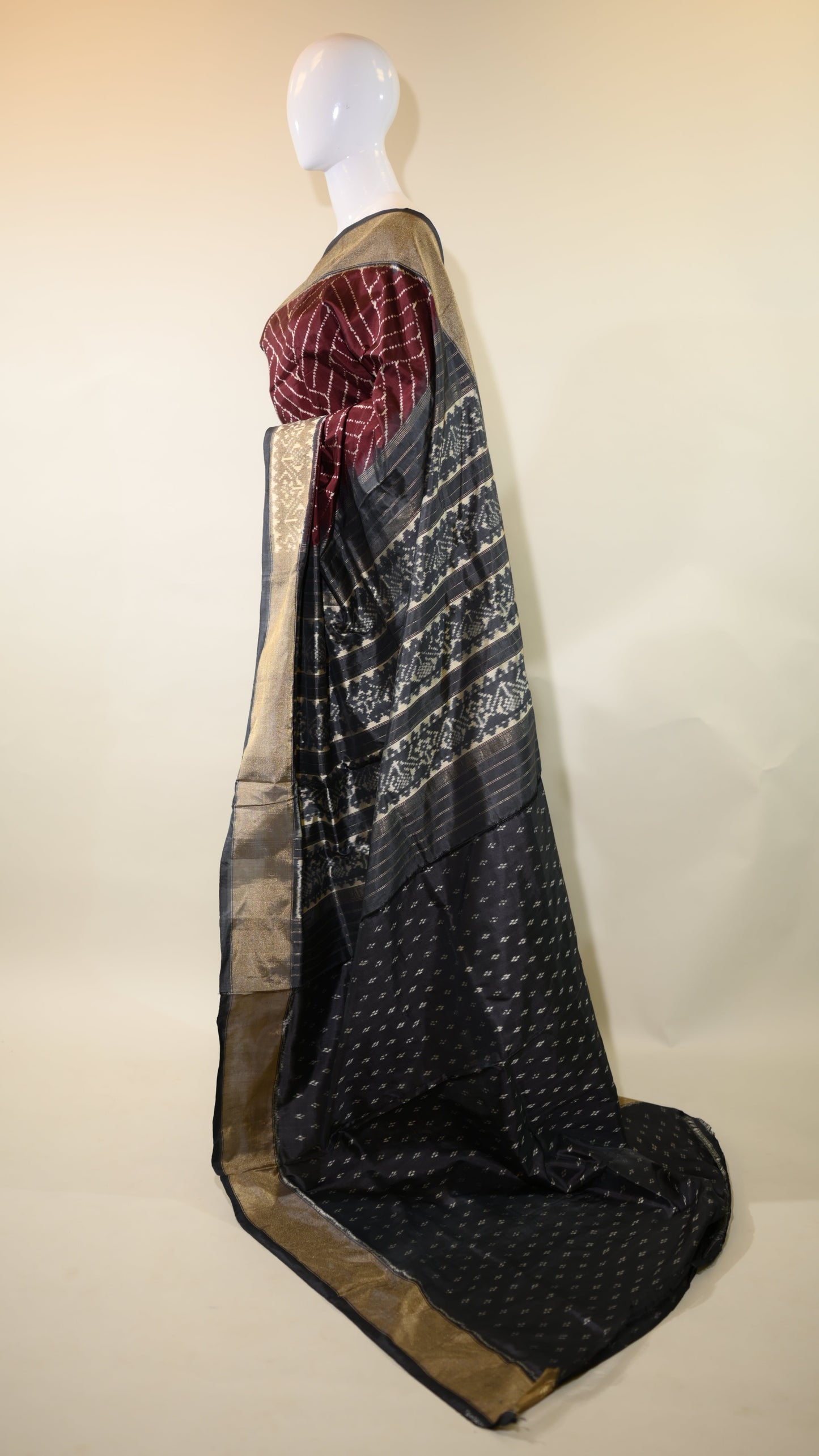 Dark Burgundy & Dark Grey Mulberry Silk Pochampally Ikat
