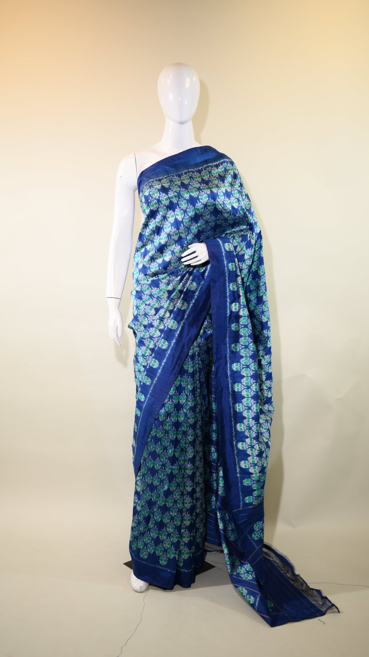 Blue & Sea Green Mulberry Silk Pochampally Geometric Ikat Saree