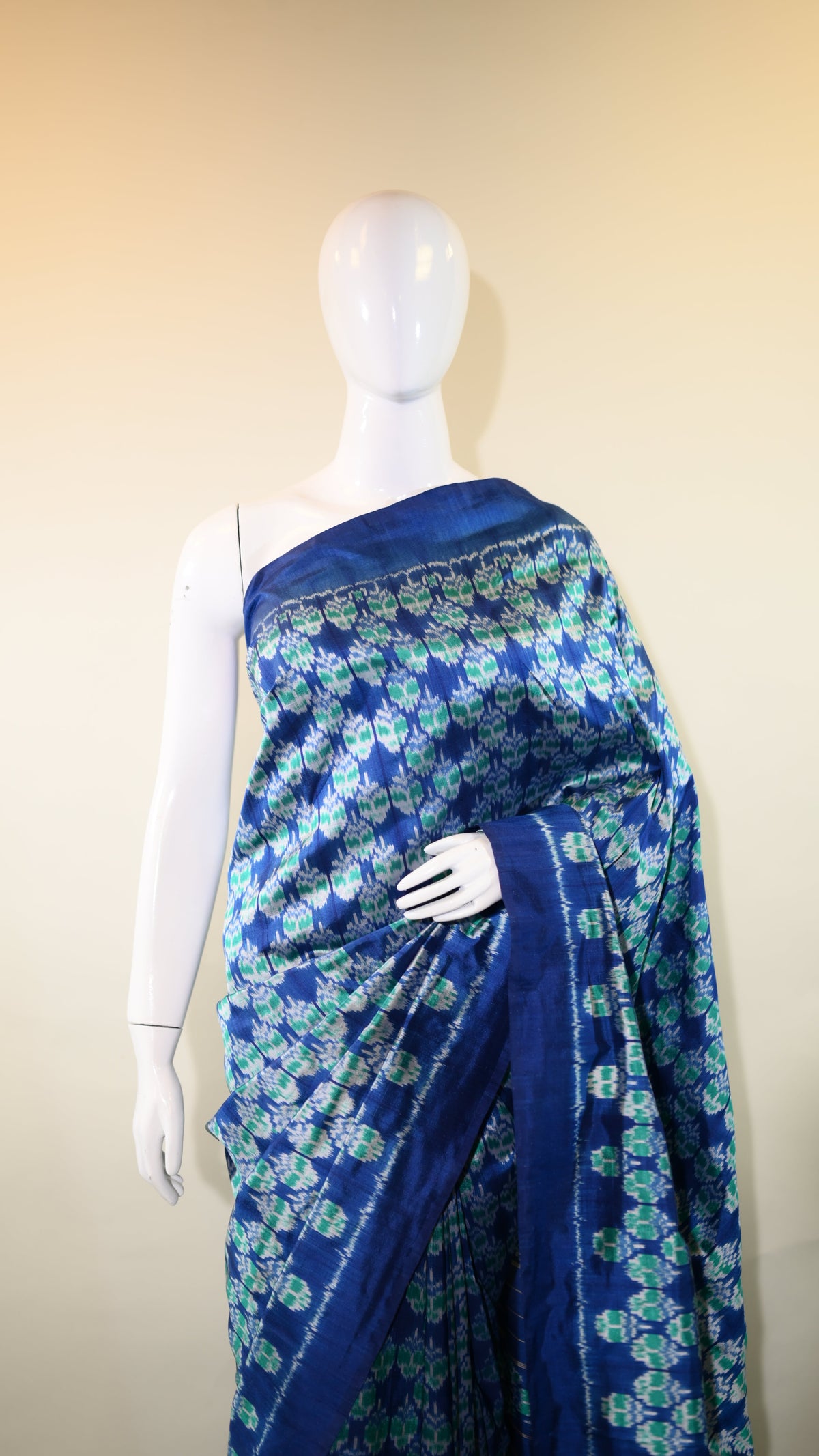 Blue & Sea Green Mulberry Silk Pochampally Geometric Ikat Saree