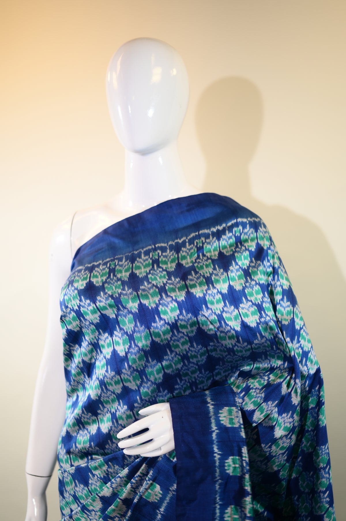 Blue & Sea Green Mulberry Silk Pochampally Geometric Ikat Saree