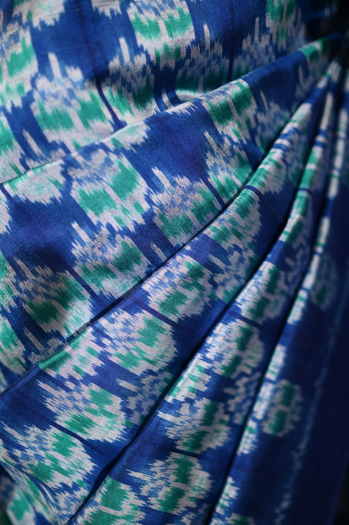 Blue & Sea Green Mulberry Silk Pochampally Geometric Ikat Saree