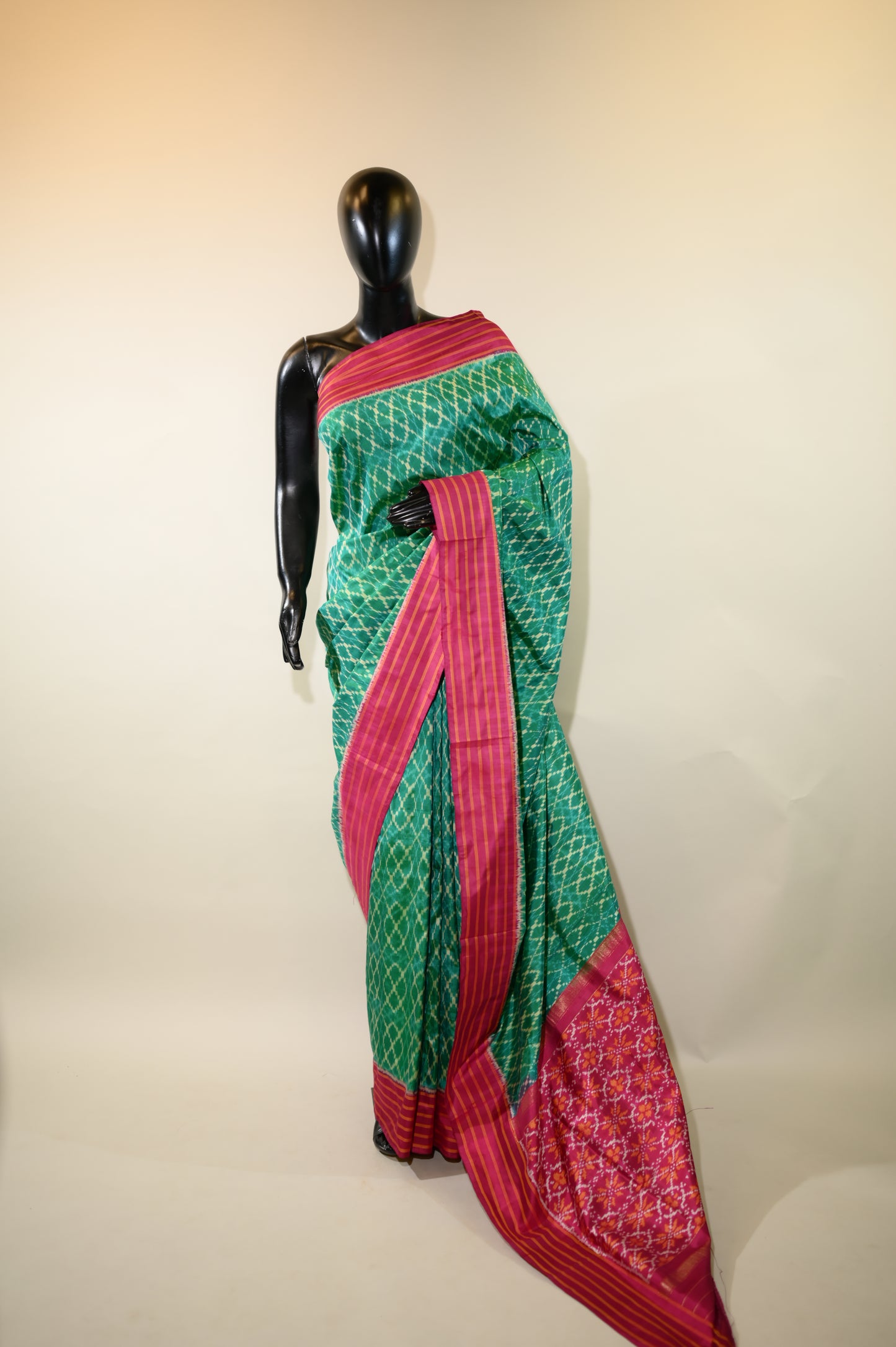 Turquoise Green & Magenta Mulberry Silk Pochampally Ikat Saree