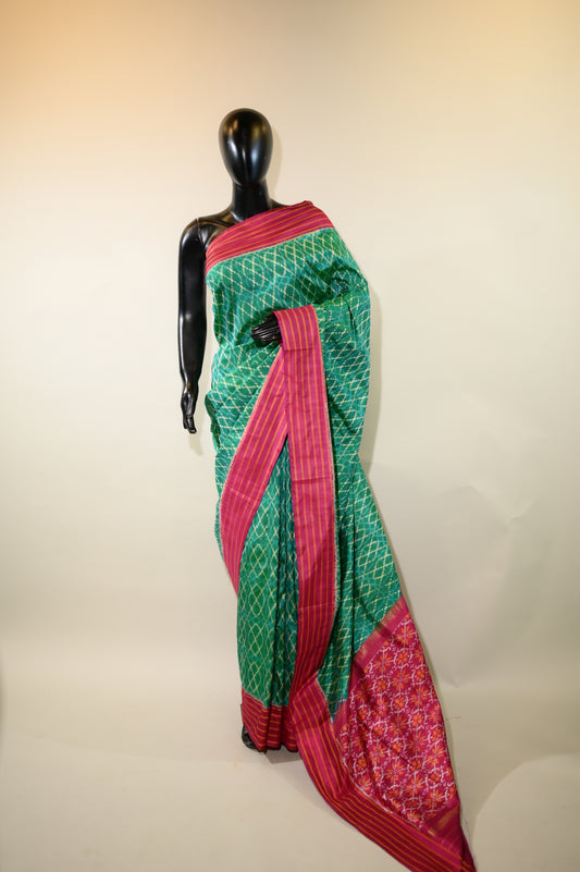Turquoise Green & Magenta Mulberry Silk Pochampally Ikat Saree