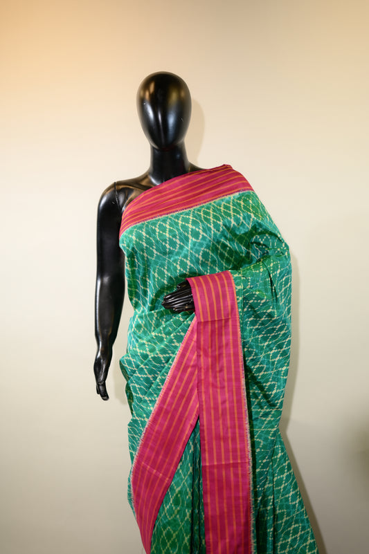 Turquoise Green & Magenta Mulberry Silk Pochampally Ikat Saree