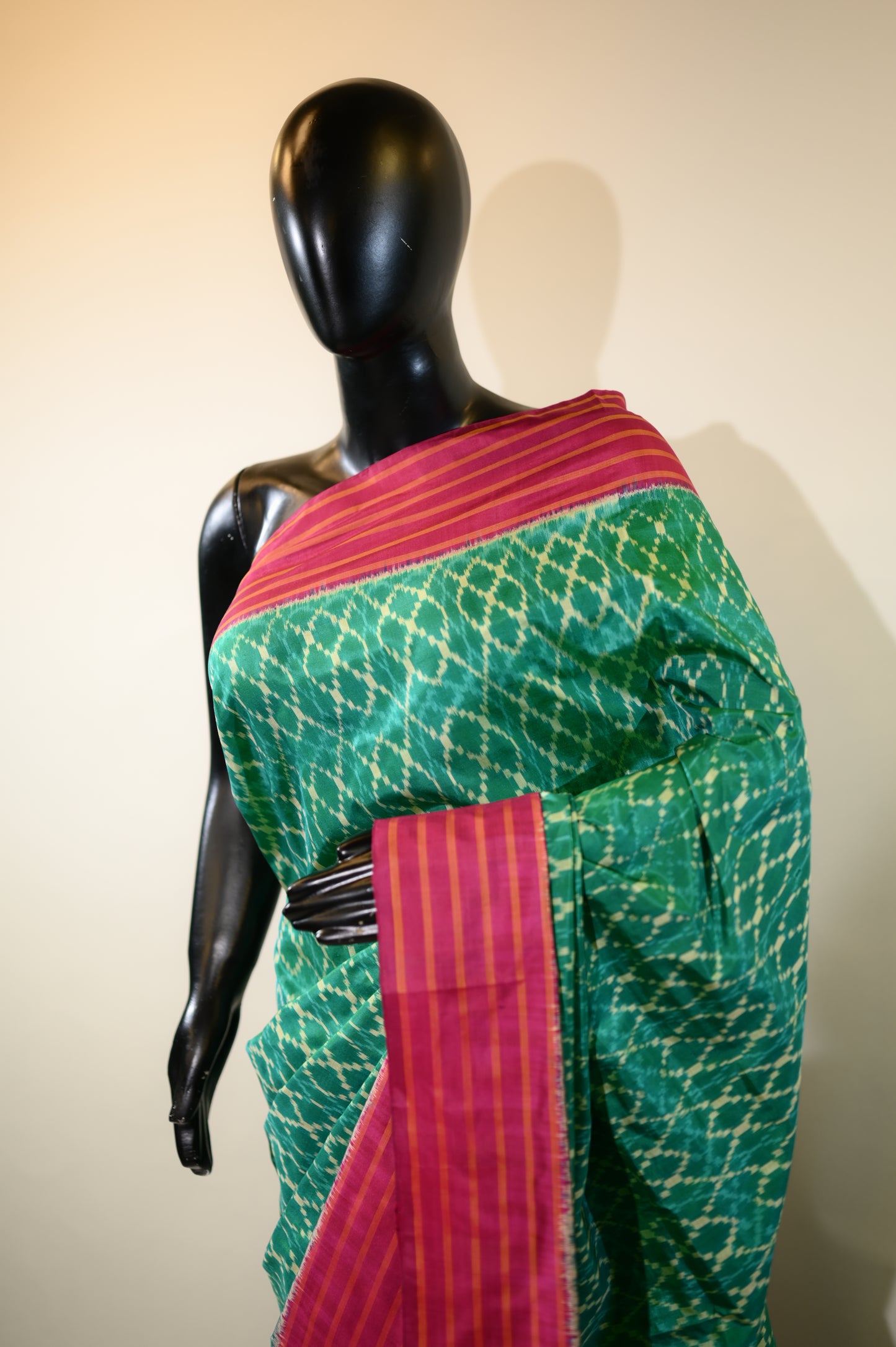 Turquoise Green & Magenta Mulberry Silk Pochampally Ikat Saree