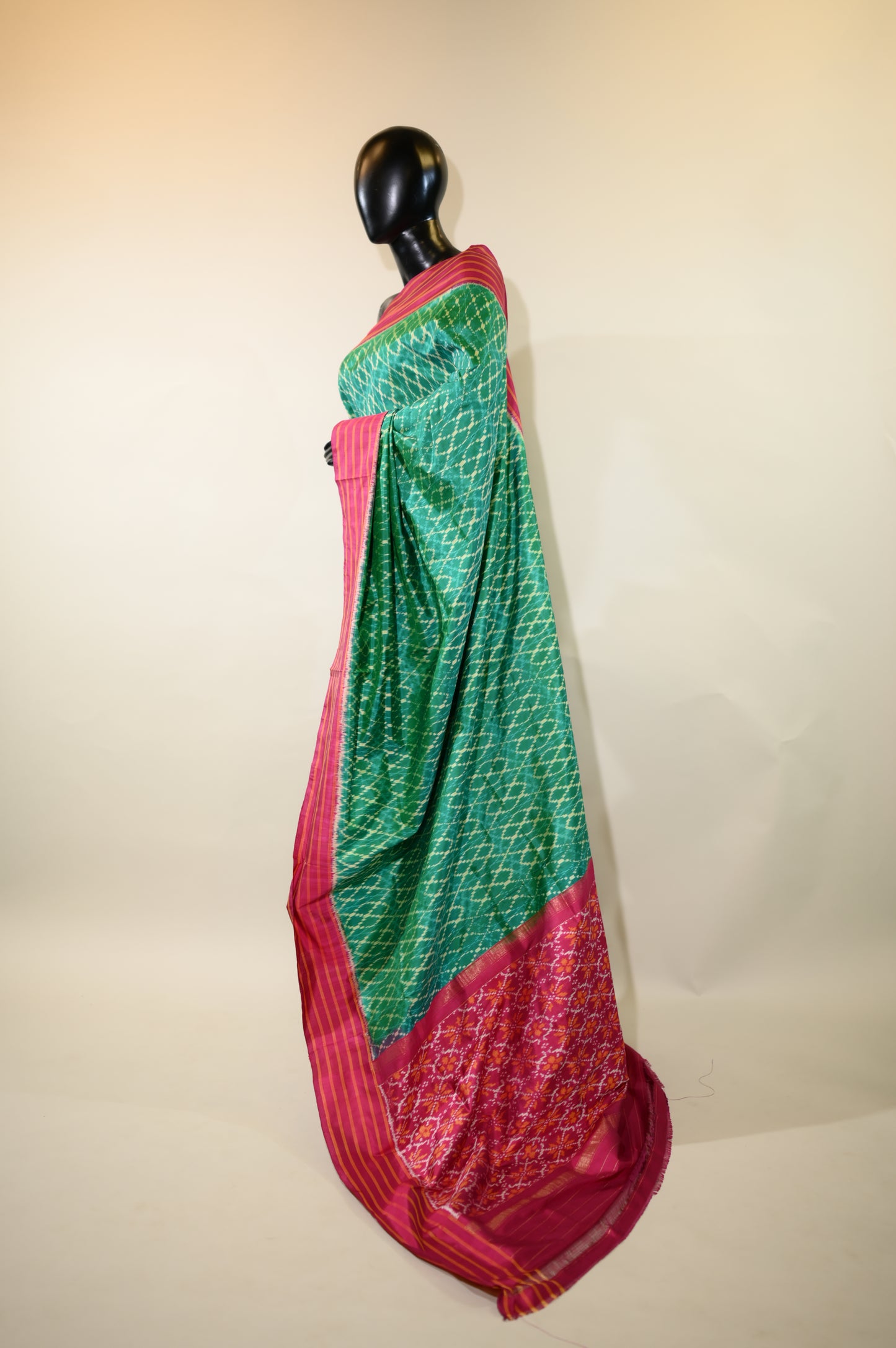 Turquoise Green & Magenta Mulberry Silk Pochampally Ikat Saree