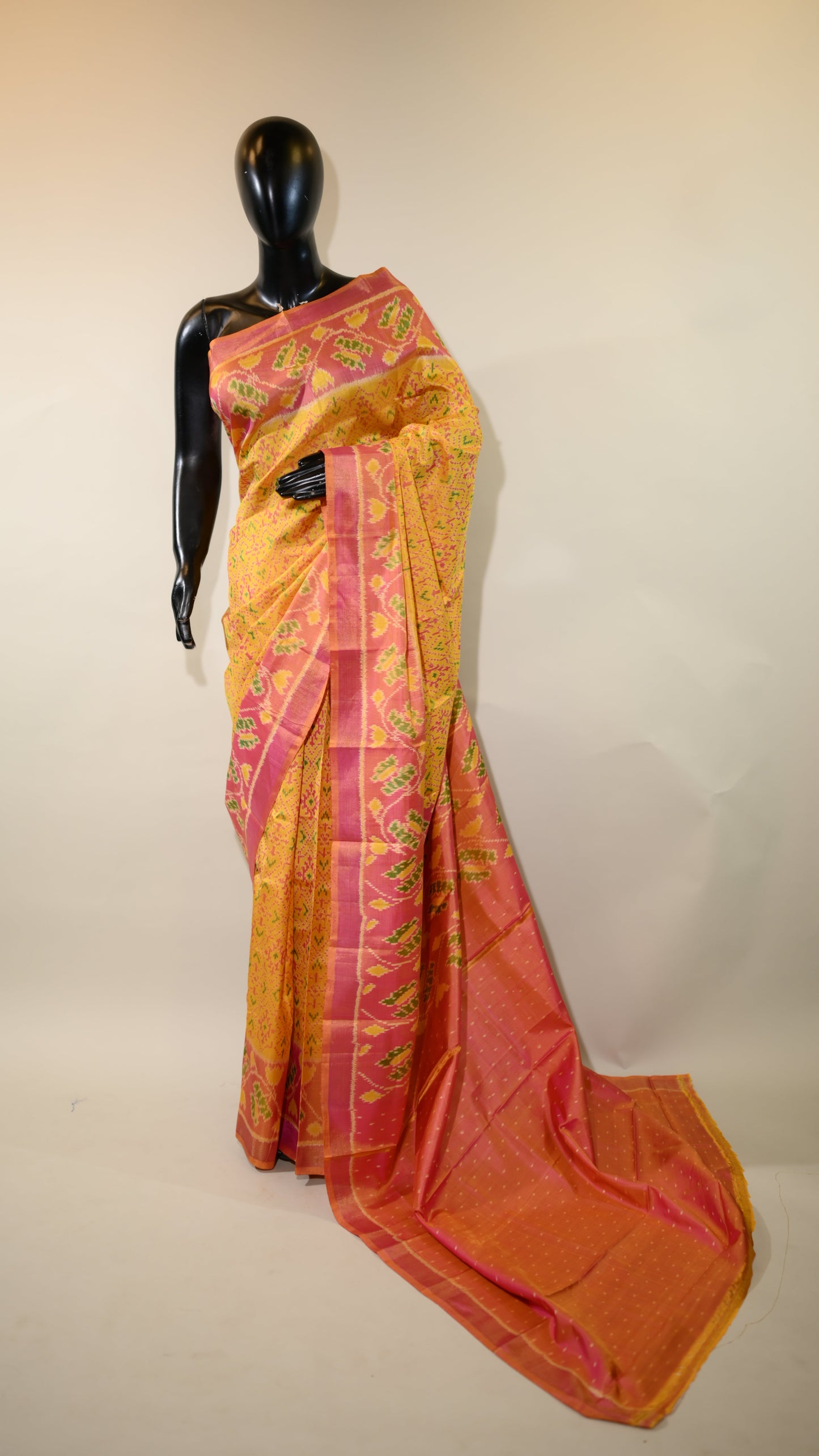 Mustard Yellow & Pink  Mulberry Silk Patola Ikat Saree