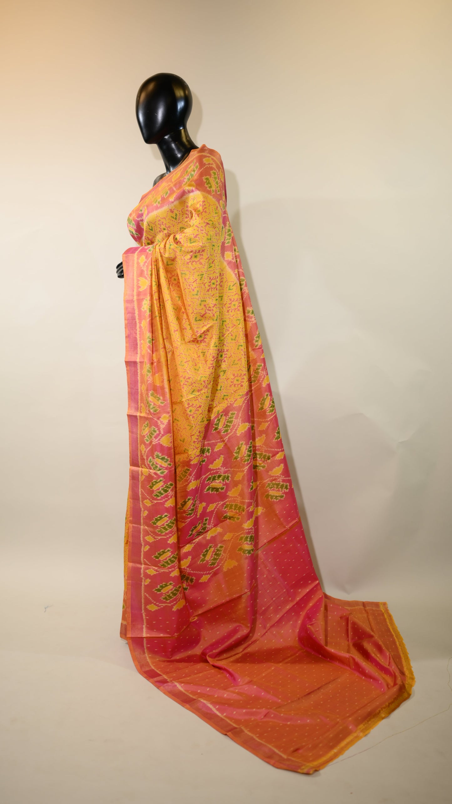 Mustard Yellow & Pink  Mulberry Silk Patola Ikat Saree