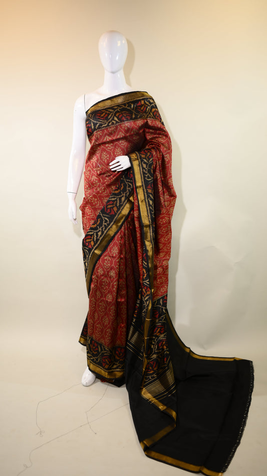 Maroon & Golden Mulberry Silk Patola Ikat Saree