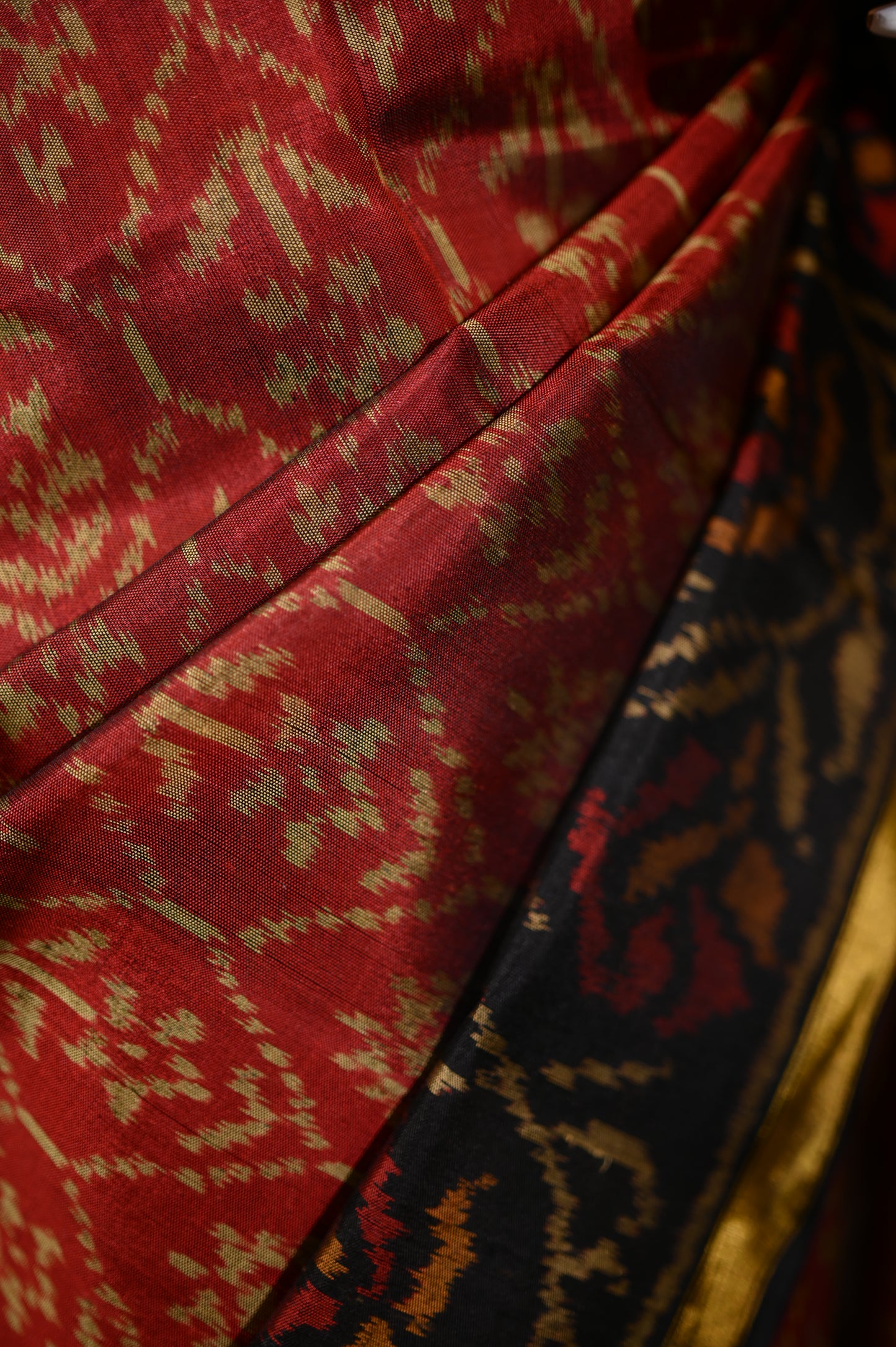 Maroon & Golden Mulberry Silk Patola Ikat Saree