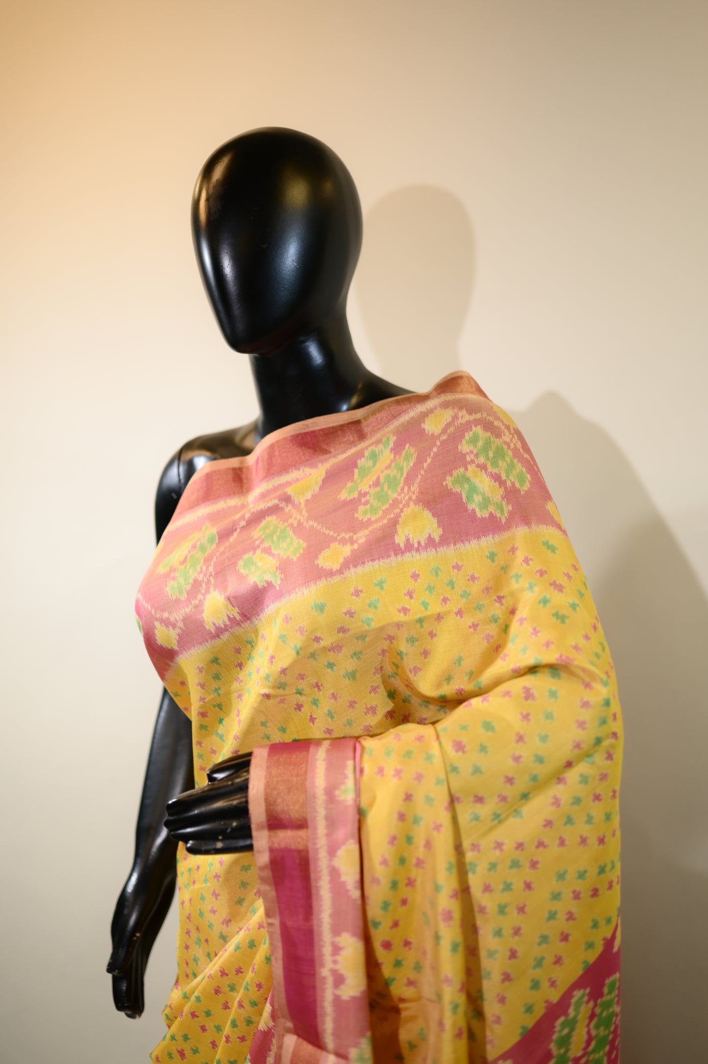 Mustard Yellow & Pink  Mulberry Silk Patola Ikat Saree