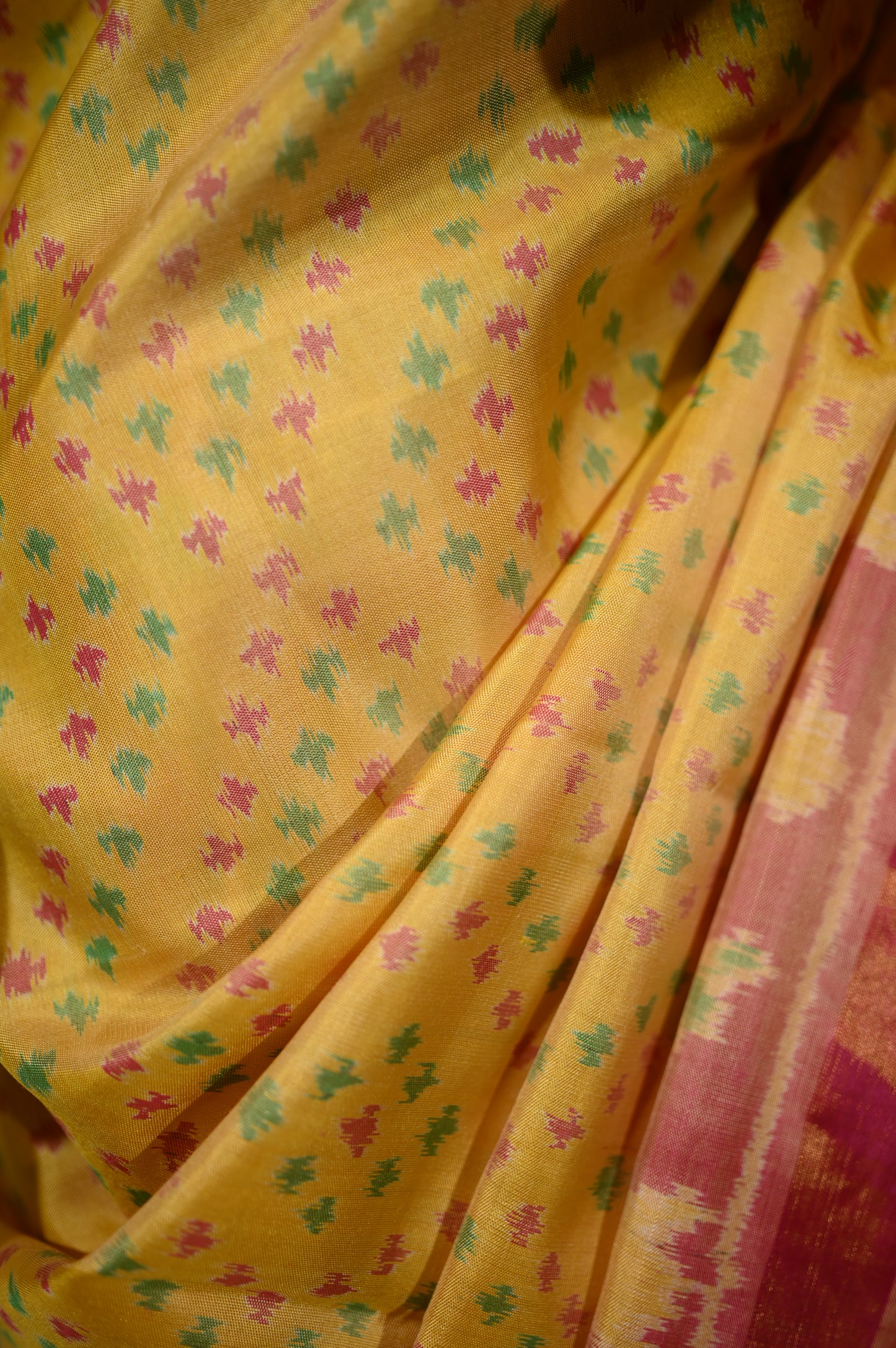 Mustard Yellow & Pink  Mulberry Silk Patola Ikat Saree