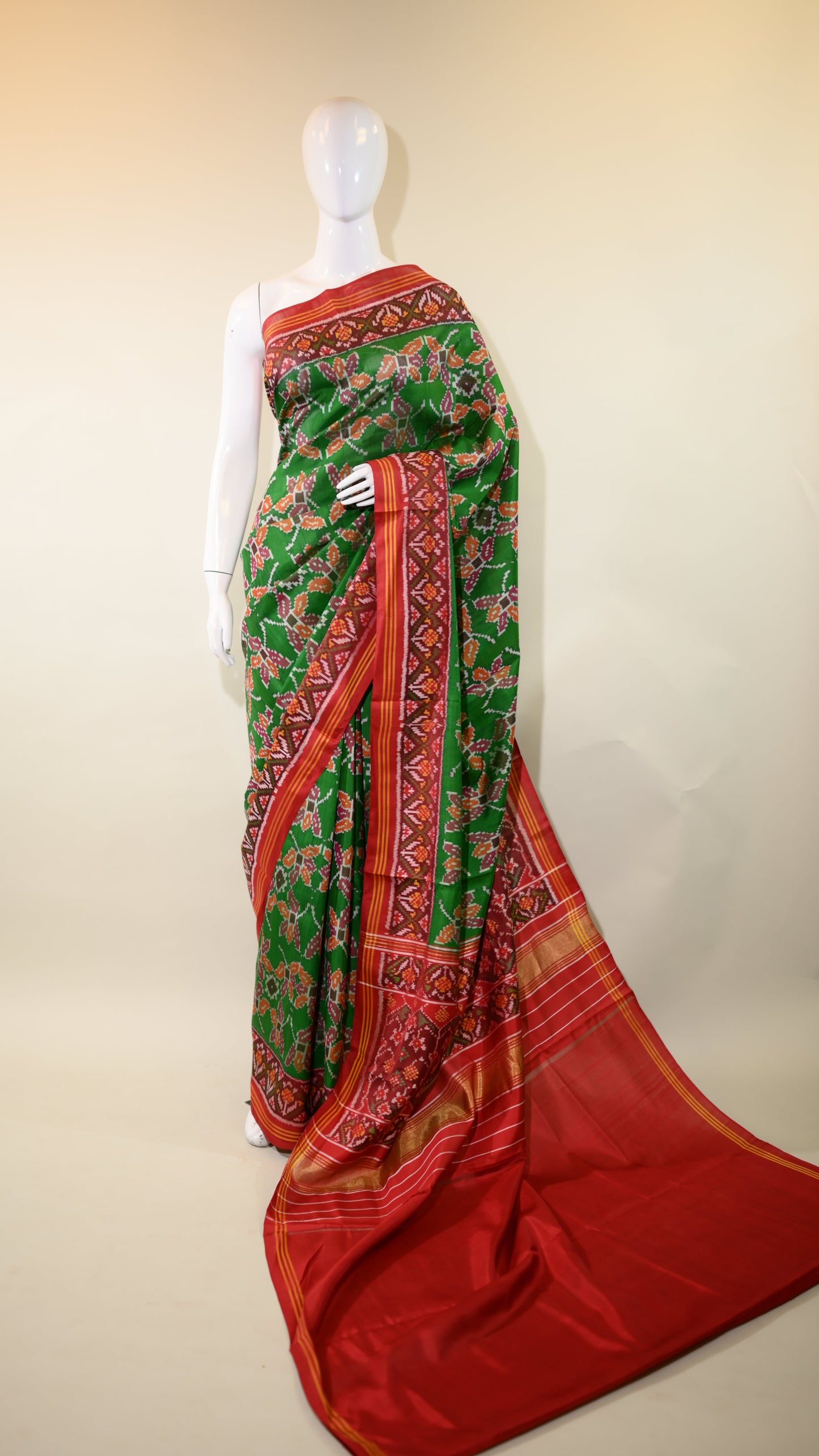 Maroon & Leaf green Mulberry Silk Odisha Ikat Saree