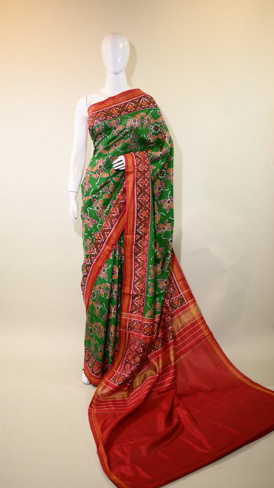 Maroon & Leaf green Mulberry Silk Odisha Ikat Saree