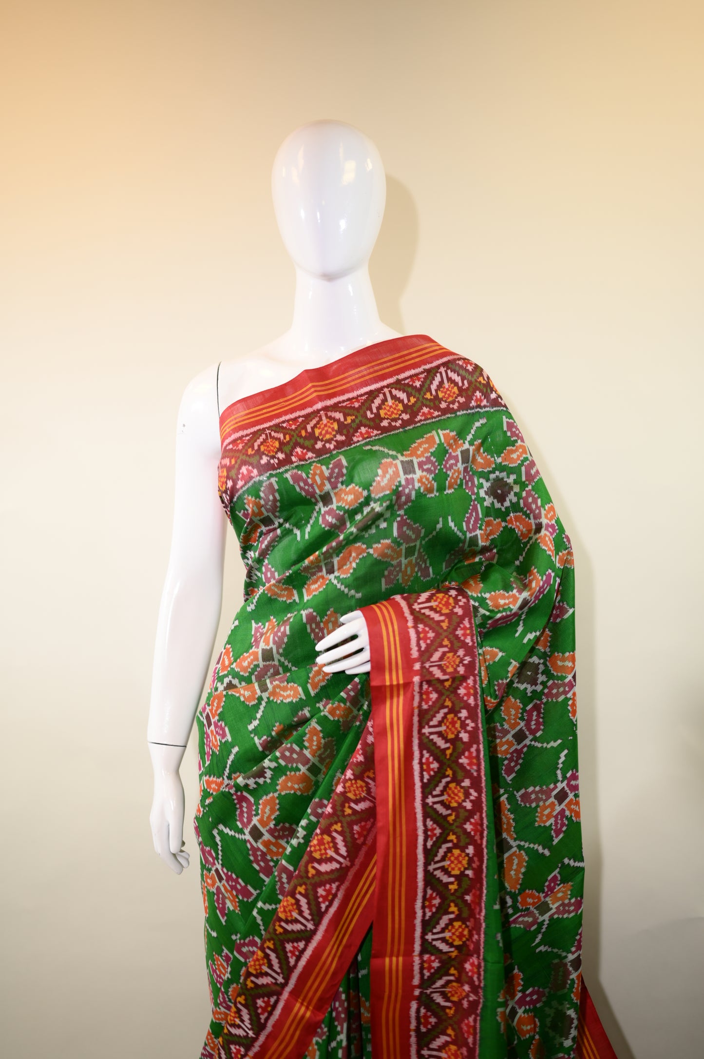 Maroon & Leaf green Mulberry Silk Odisha Ikat Saree