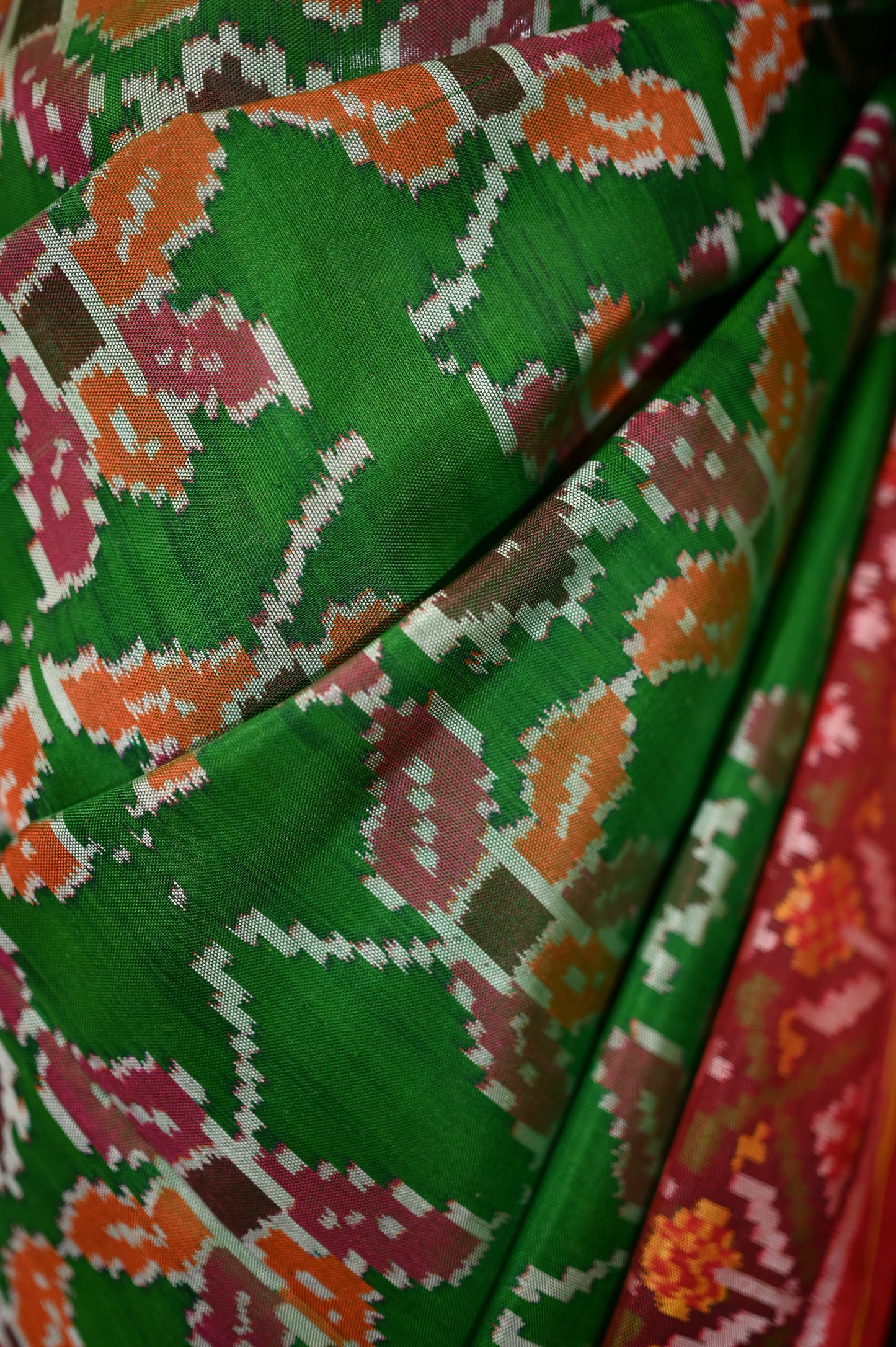 Maroon & Leaf green Mulberry Silk Odisha Ikat Saree