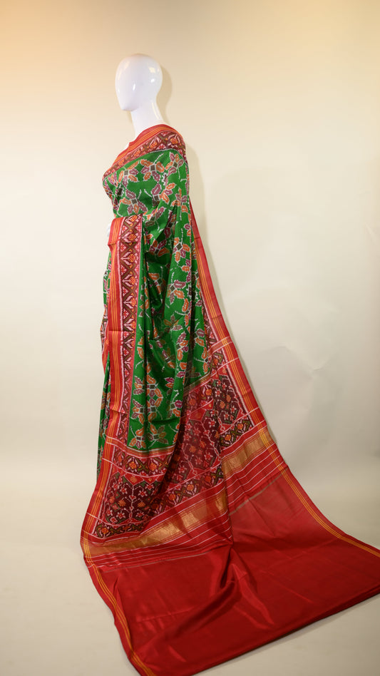 Maroon & Leaf green Mulberry Silk Odisha Ikat Saree