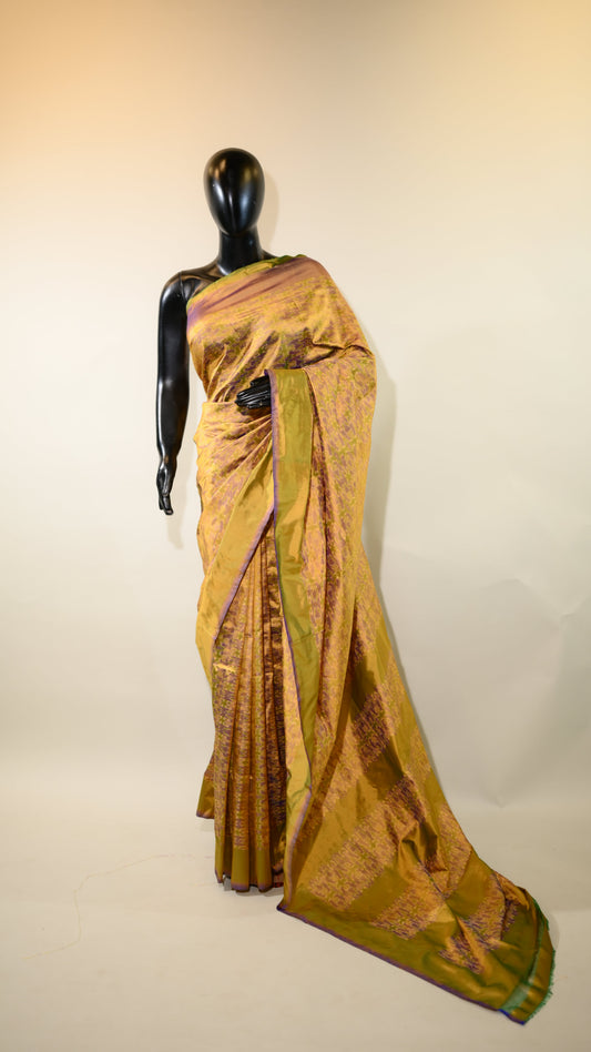 Dual Tone Yellow & Purple Mulberry Silk Patola Ikat Saree