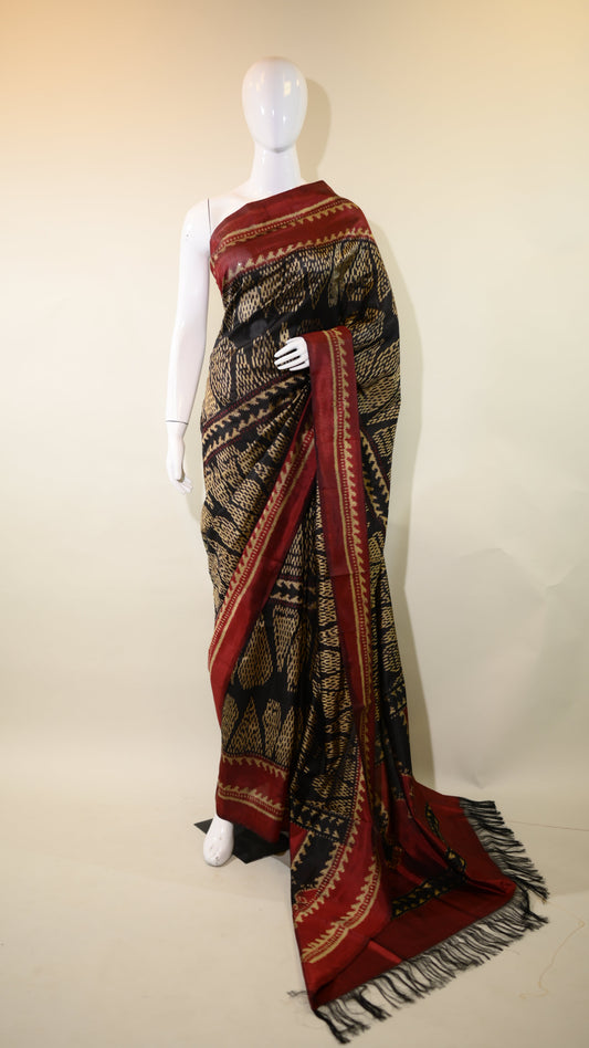 Poonam Bhagat Black & Maroon Mulberry Silk Gujarat Ikat Saree