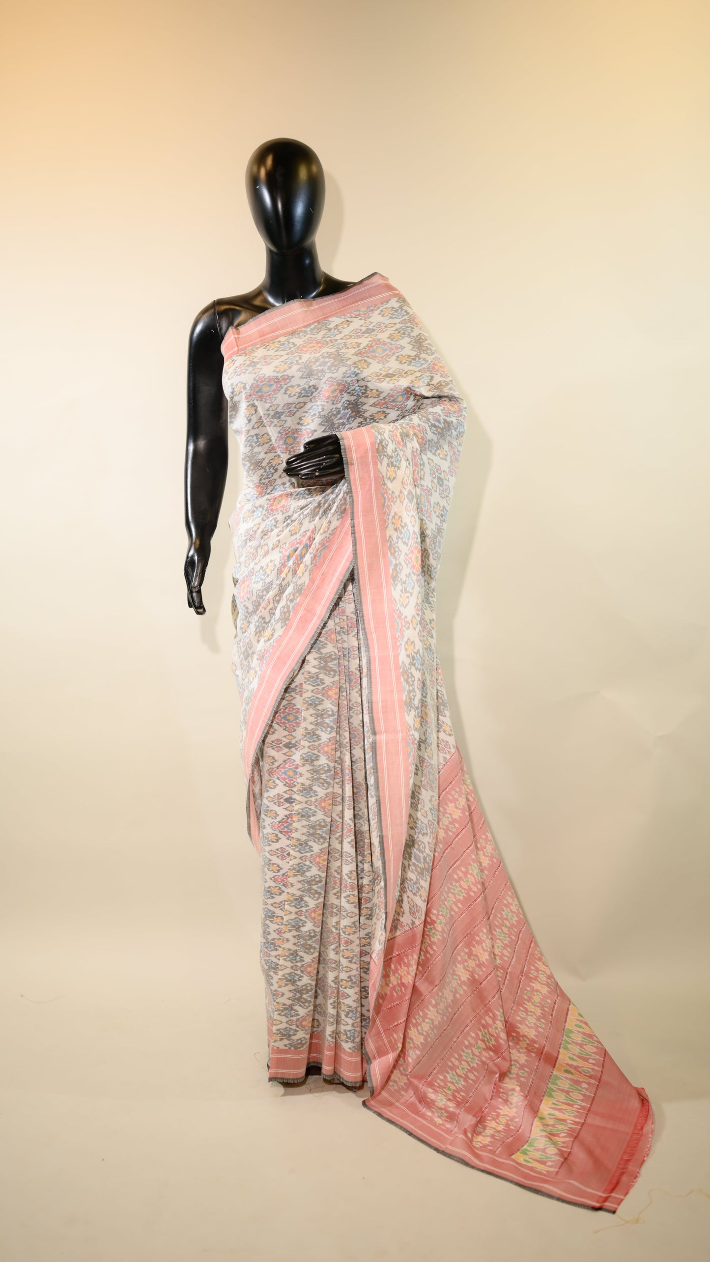 White & Red Mulberry Silk Patola Ikat Saree