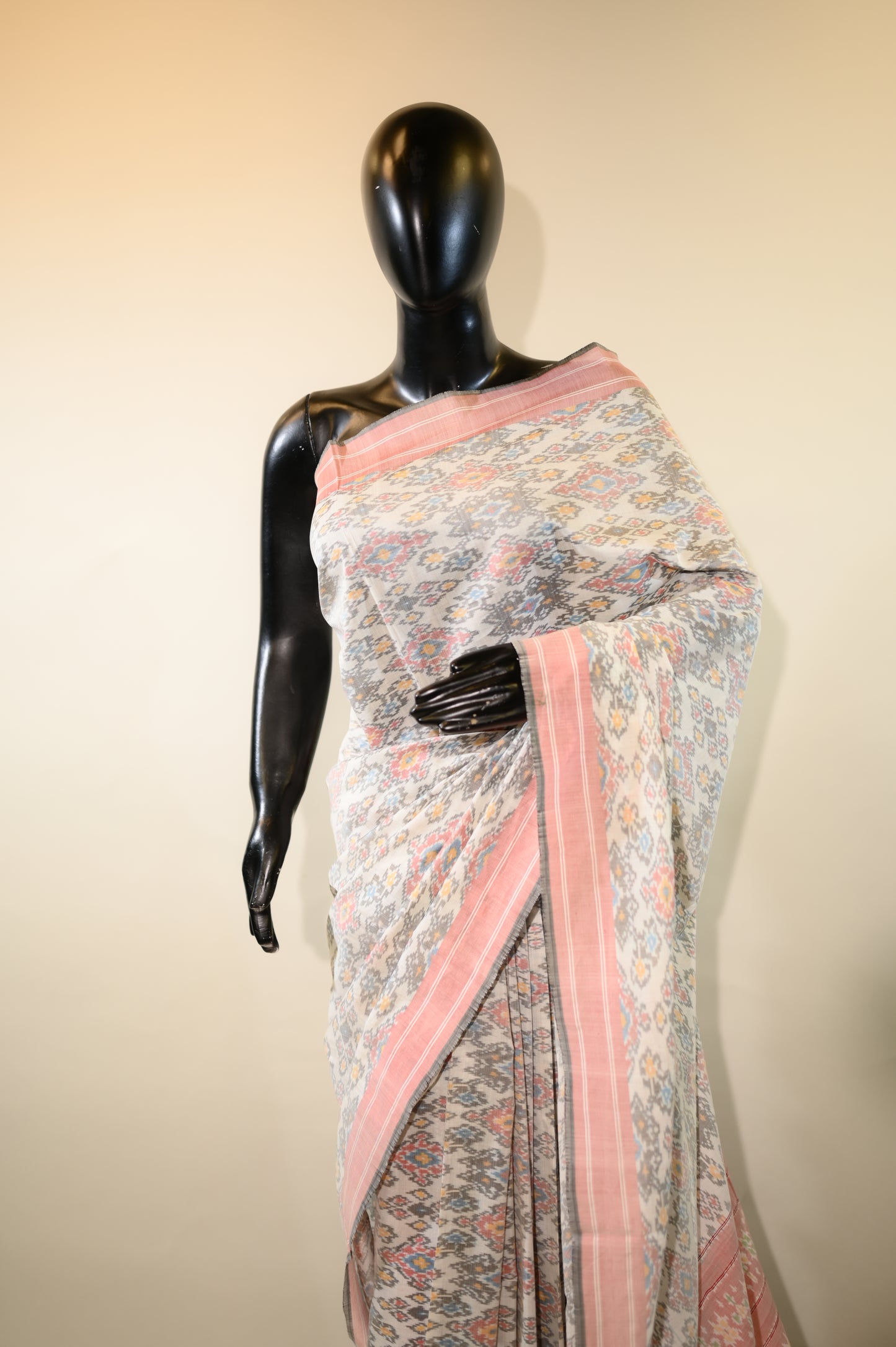 White & Red Mulberry Silk Patola Ikat Saree