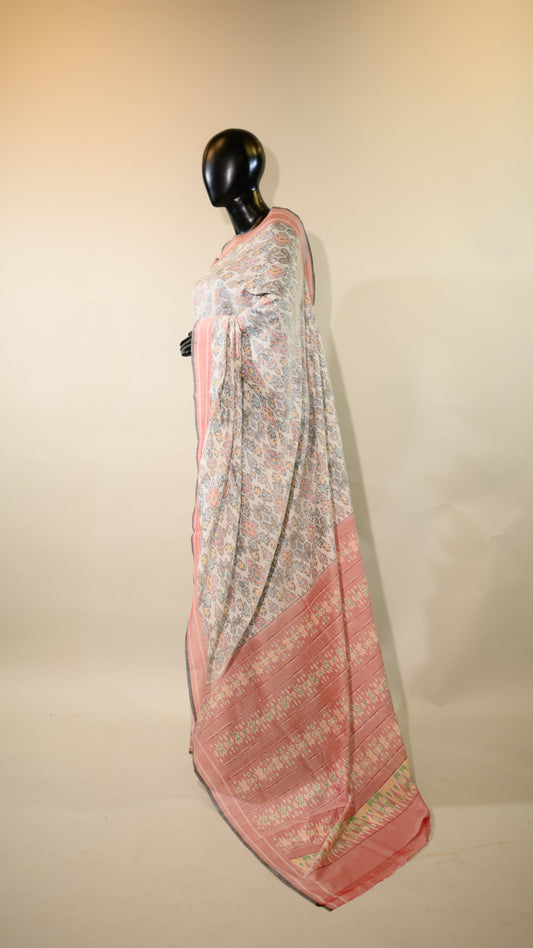White & Red Mulberry Silk Patola Ikat Saree