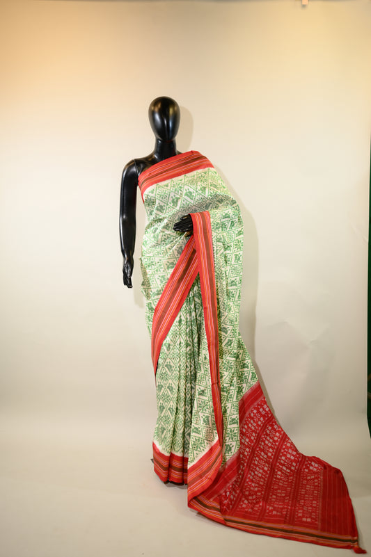 Cream-Green & Red Mulberry Silk Patola Ikat Saree