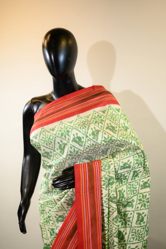 Cream-Green & Red Mulberry Silk Patola Ikat Saree