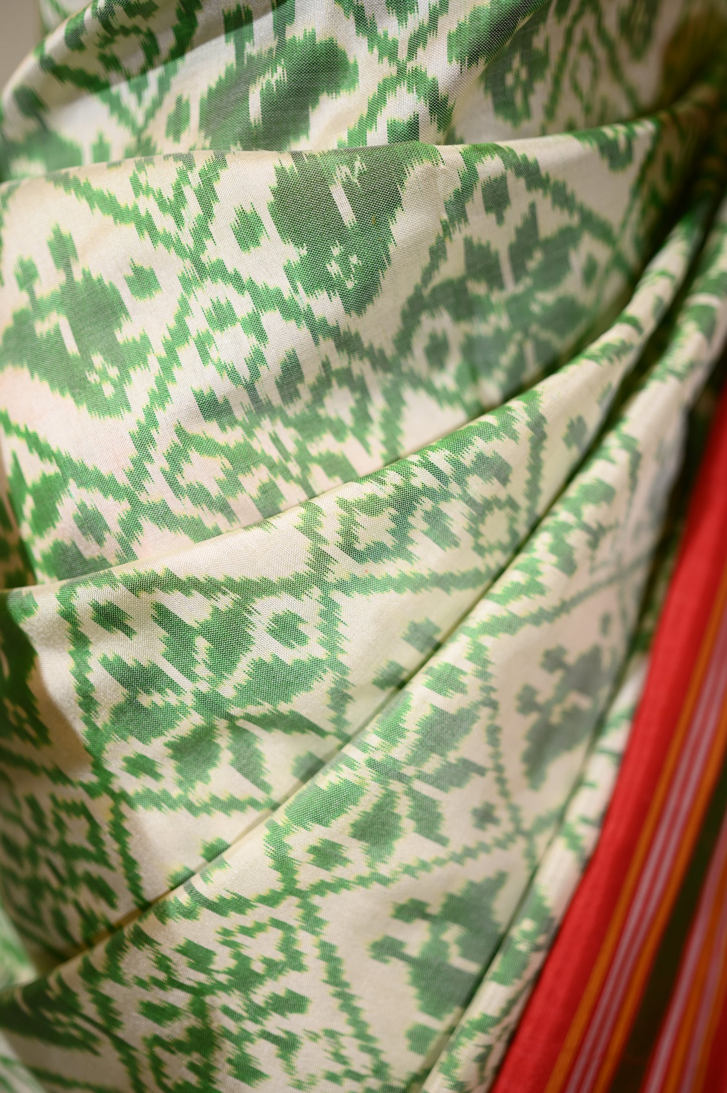 Cream-Green & Red Mulberry Silk Patola Ikat Saree