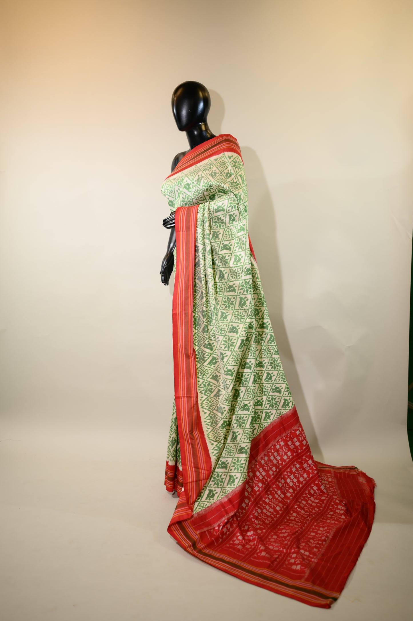 Cream-Green & Red Mulberry Silk Patola Ikat Saree