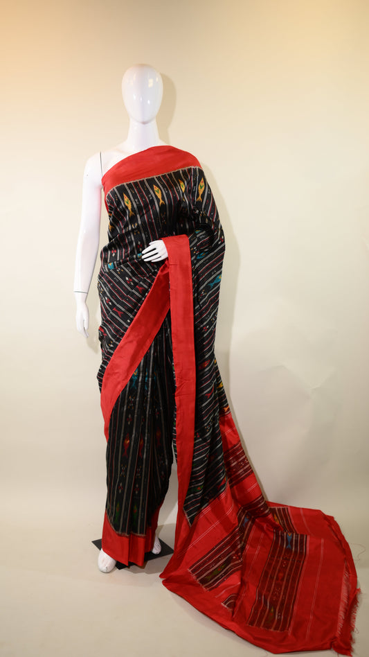 Red & Black Mulberry Silk Odisha Double Warp Ikat Saree