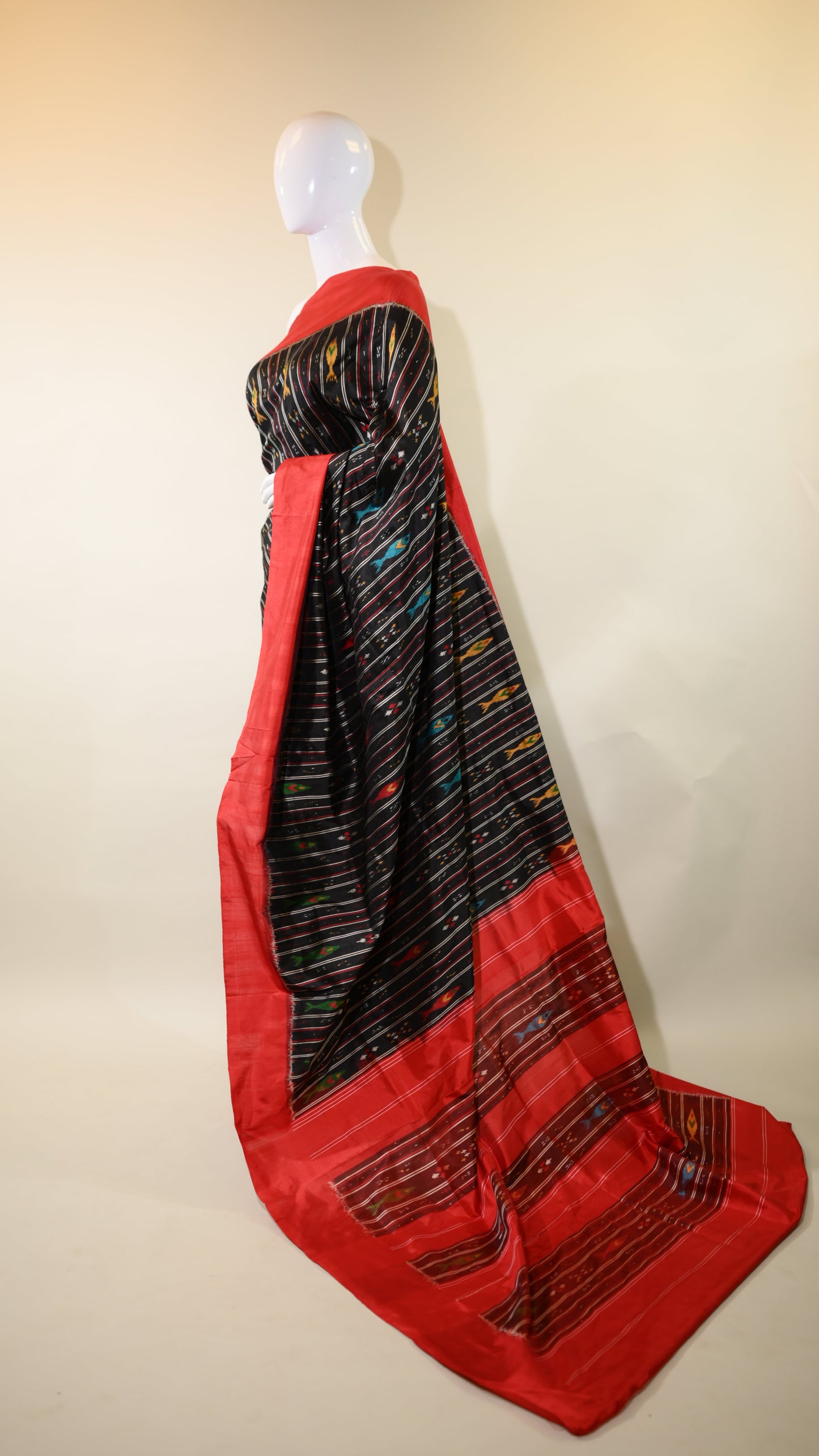Red & Black Mulberry Silk Odisha Double Warp Ikat Saree