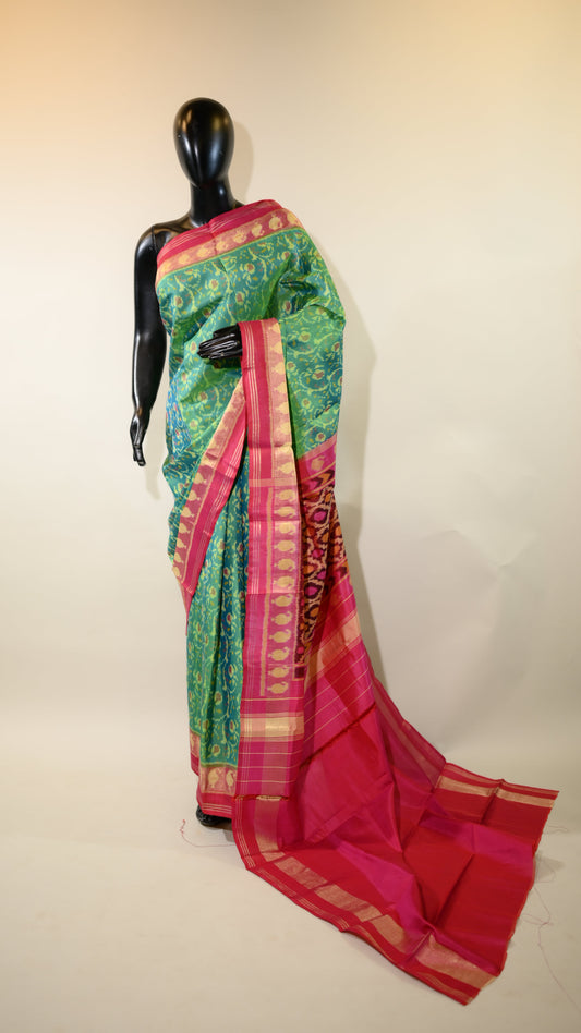 Dual tone green & Pink  Mulberry Silk Patola Ikat Saree