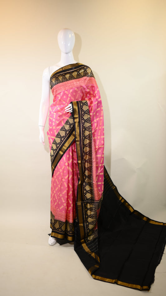 Lotus Pink Mulberry Silk Patola Ikat Saree