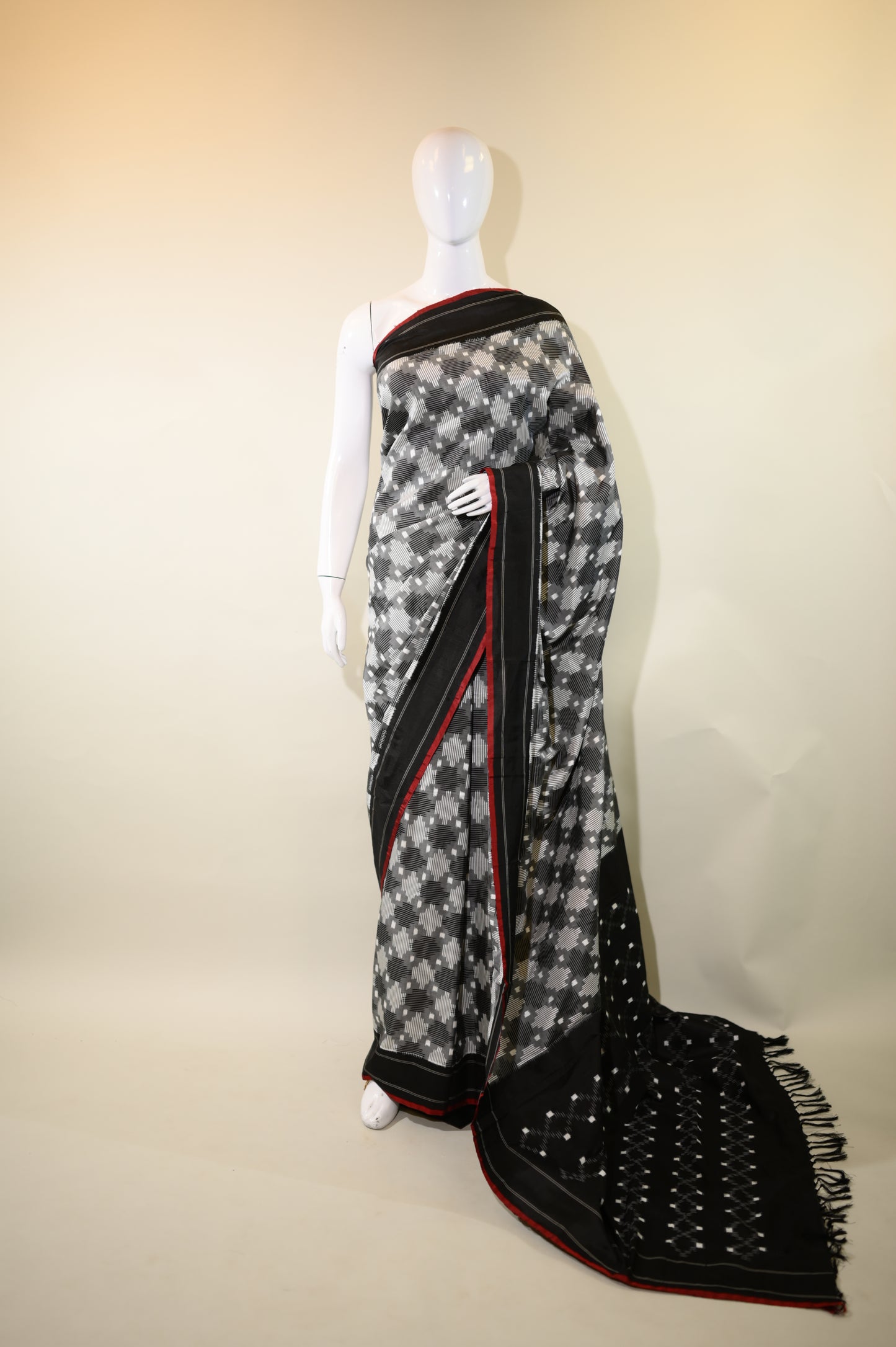 Grey & Black Mulberry Silk Pochampally Double Warp Ikat Saree