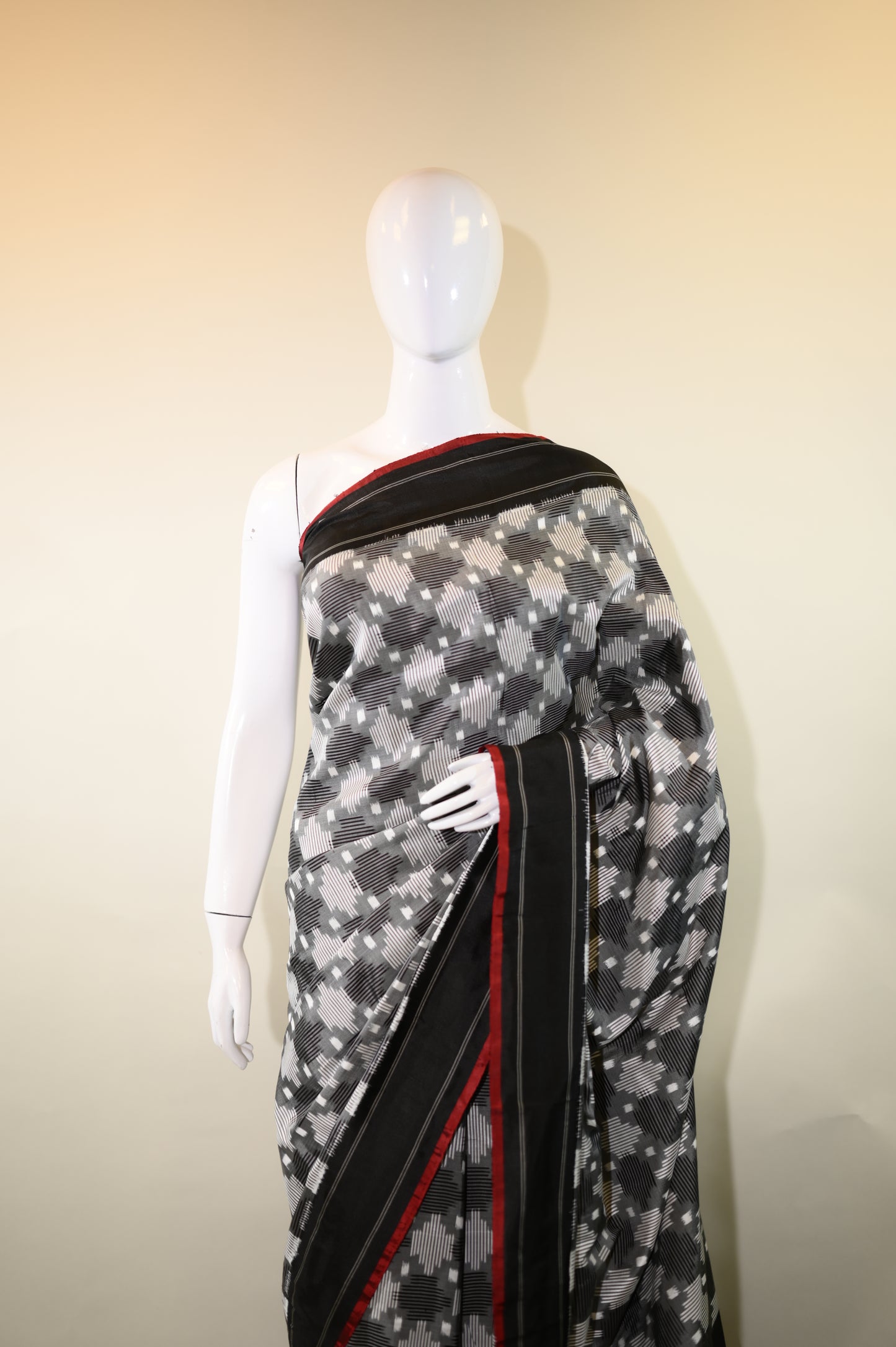 Grey & Black Mulberry Silk Pochampally Double Warp Ikat Saree