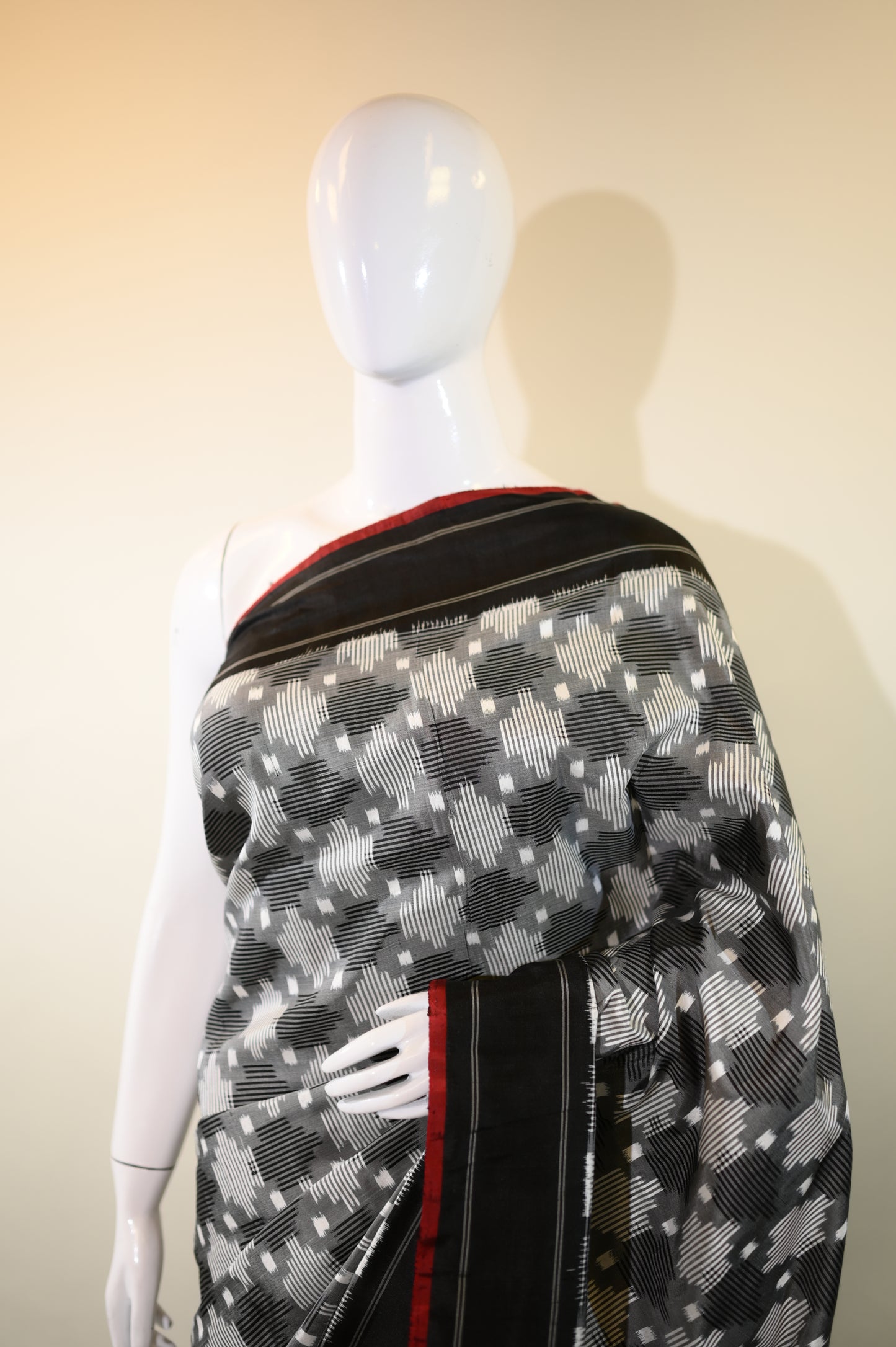 Grey & Black Mulberry Silk Pochampally Double Warp Ikat Saree