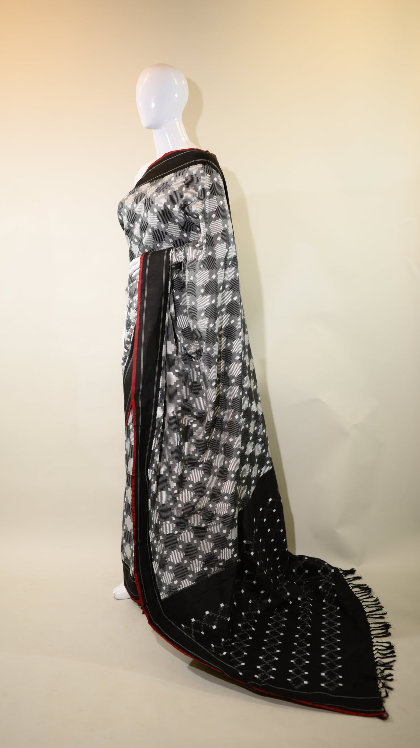 Grey & Black Mulberry Silk Pochampally Double Warp Ikat Saree