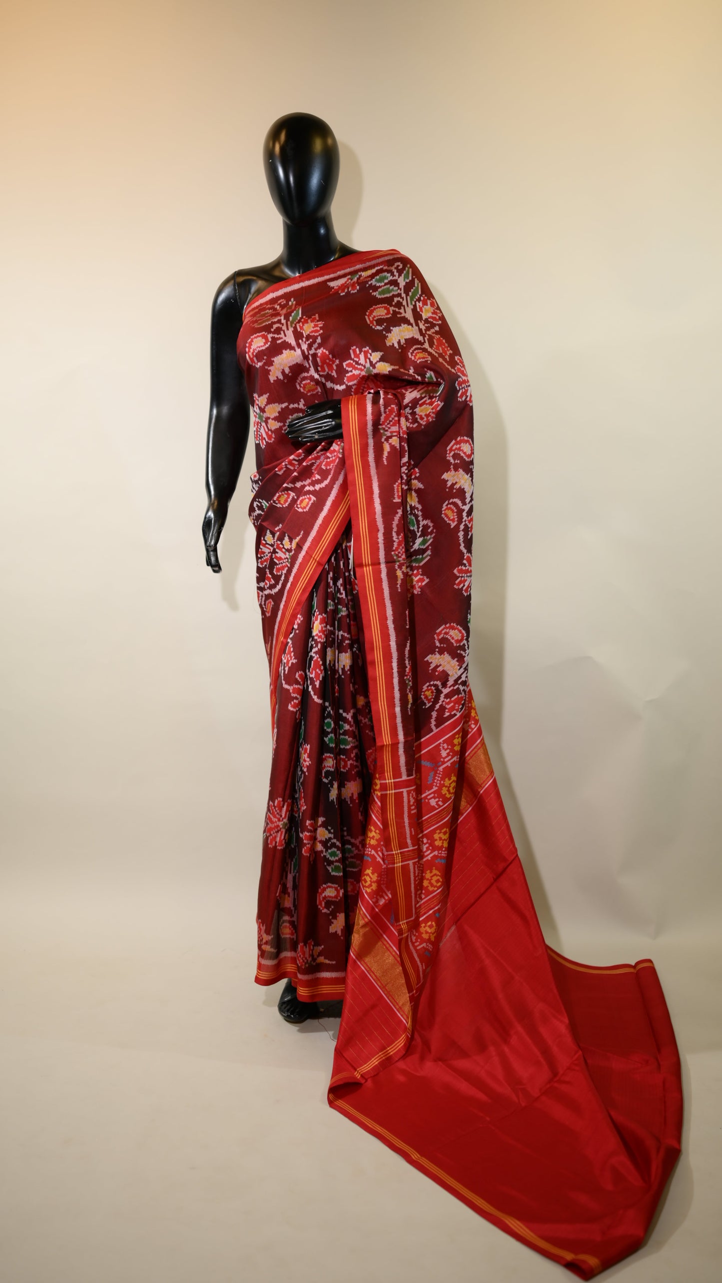 Maroon & red Mulberry Silk Patola Ikat Saree